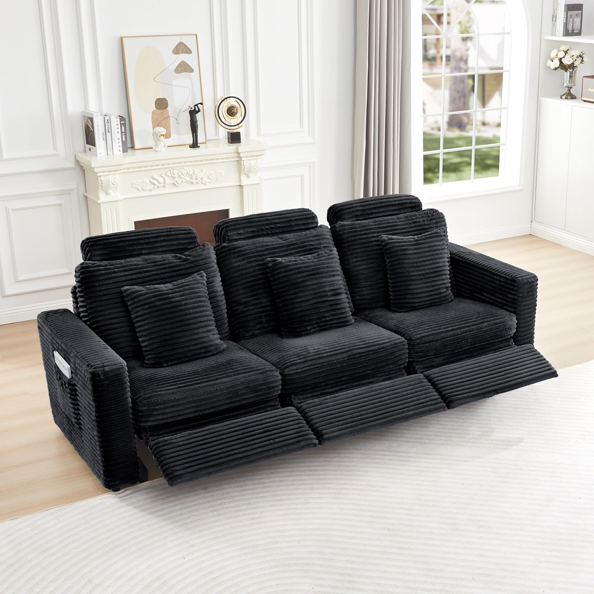 LEVNARY 3-Seater Modular Reclining Sofa, Faux Rabbit Fur Power Recliner Couch with 3 Electric Seats, 3 Pillows &amp; Side Pockets, Adjustable Back &amp; Footrest, Living Room Furniture (Black)