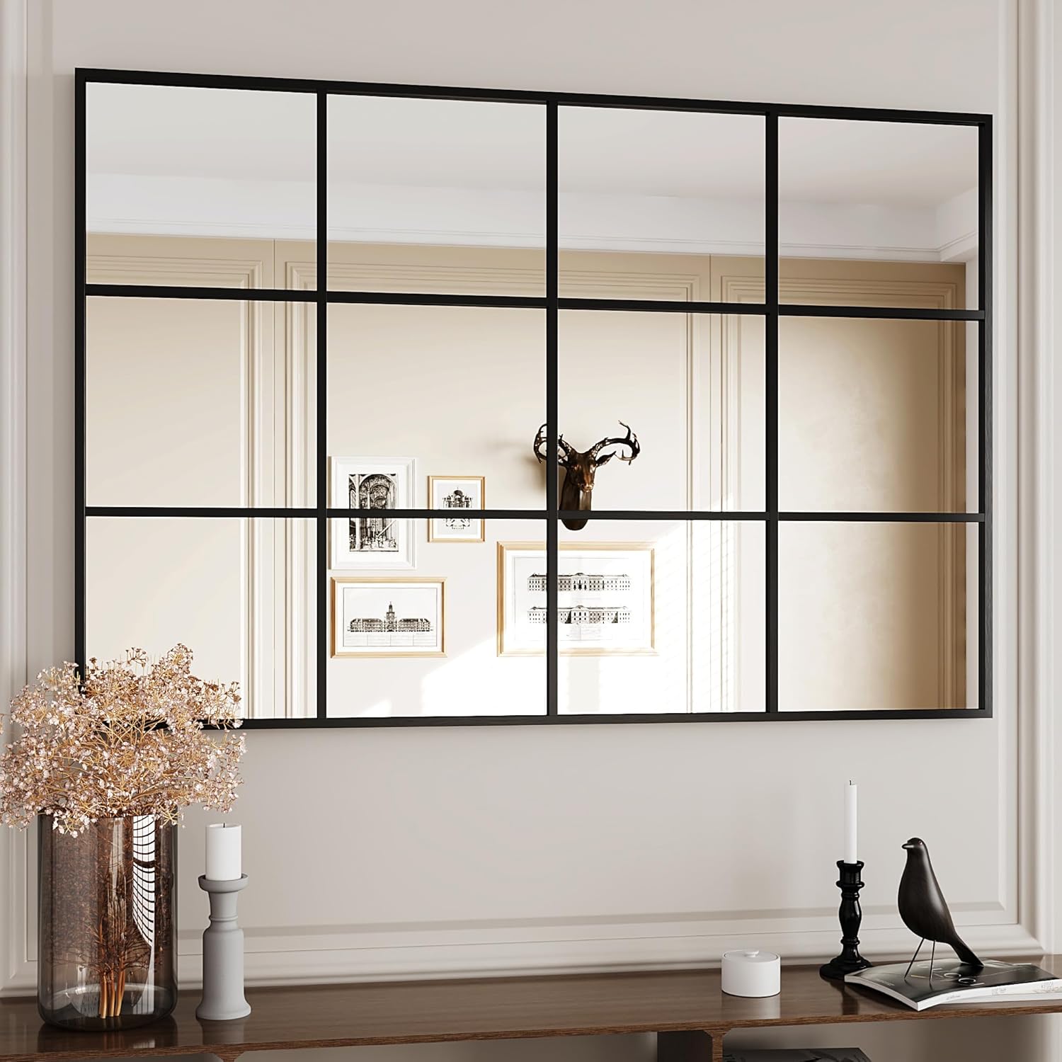 Suidia Wall Mirror, 30" x 48" Window Decorative Mirrors, Metal Framed Wall Decor Wall-Mounted Mirrors for Bedroom, Living Room, Entryway, Black