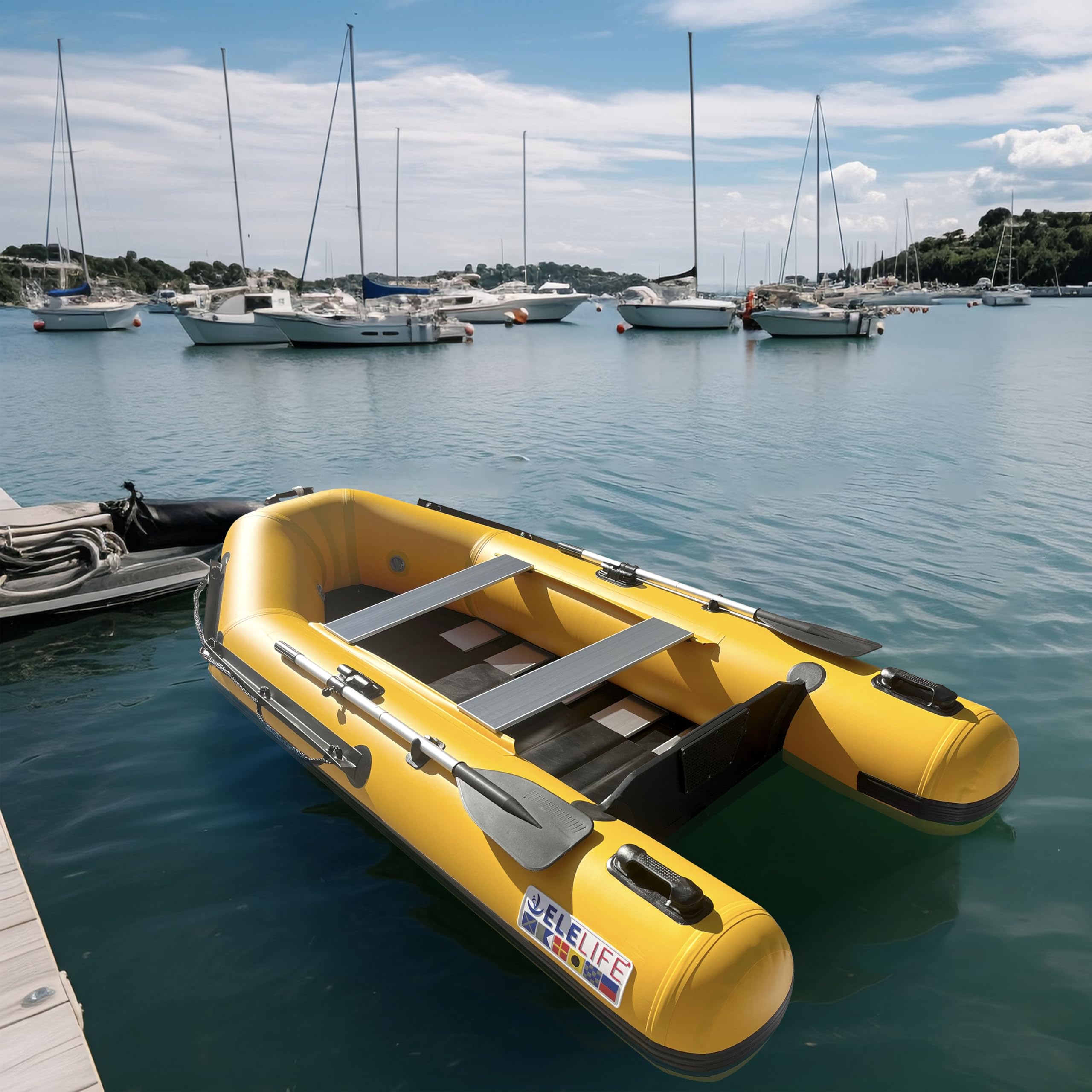 10FT Inflatable Boat,3-4Person Portable raft, 2 Aluminum seat Board and 5Aluminum Floor, 3 Independent air Tubes,14 inch Large Float.No disassembly Required, Ultra Portable Design (Cylindrical Tail)