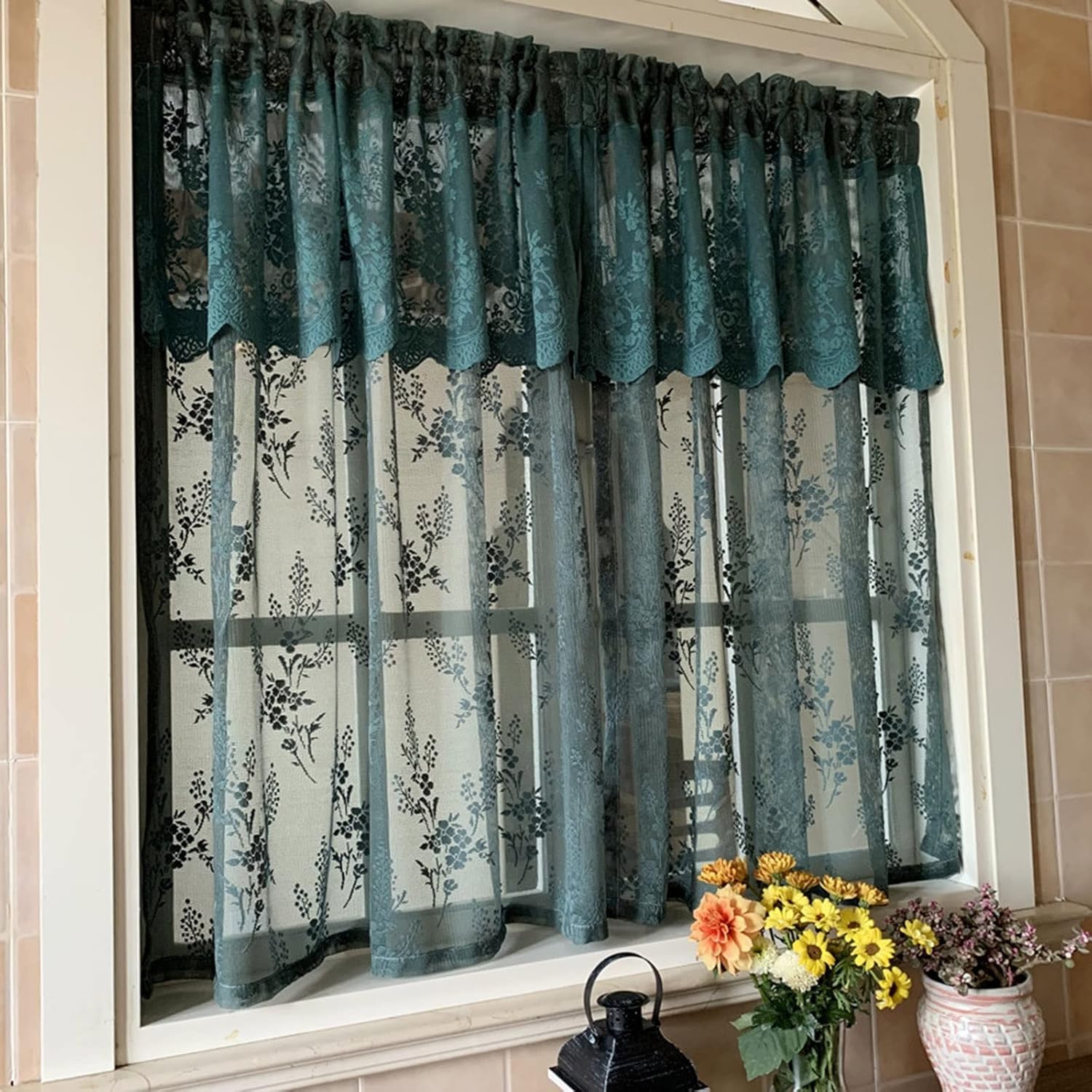 Lace Short Kitchen Curtain Valance, Dark Green Lace Valance Curtains Multiple Sizes for Rooms(A-1 Pcs,W 39.4" x L 48.4" (1 Panels))