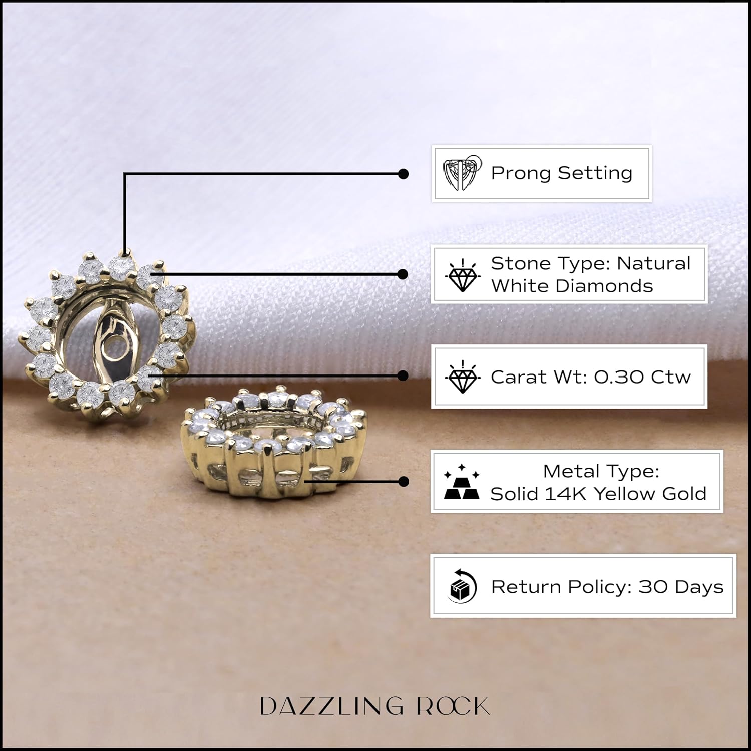 Dazzlingrock Collection 0.30 Ctw Round White Natural Diamond Circular Shaped Removable Earring Jackets for Women in Real Solid Gold