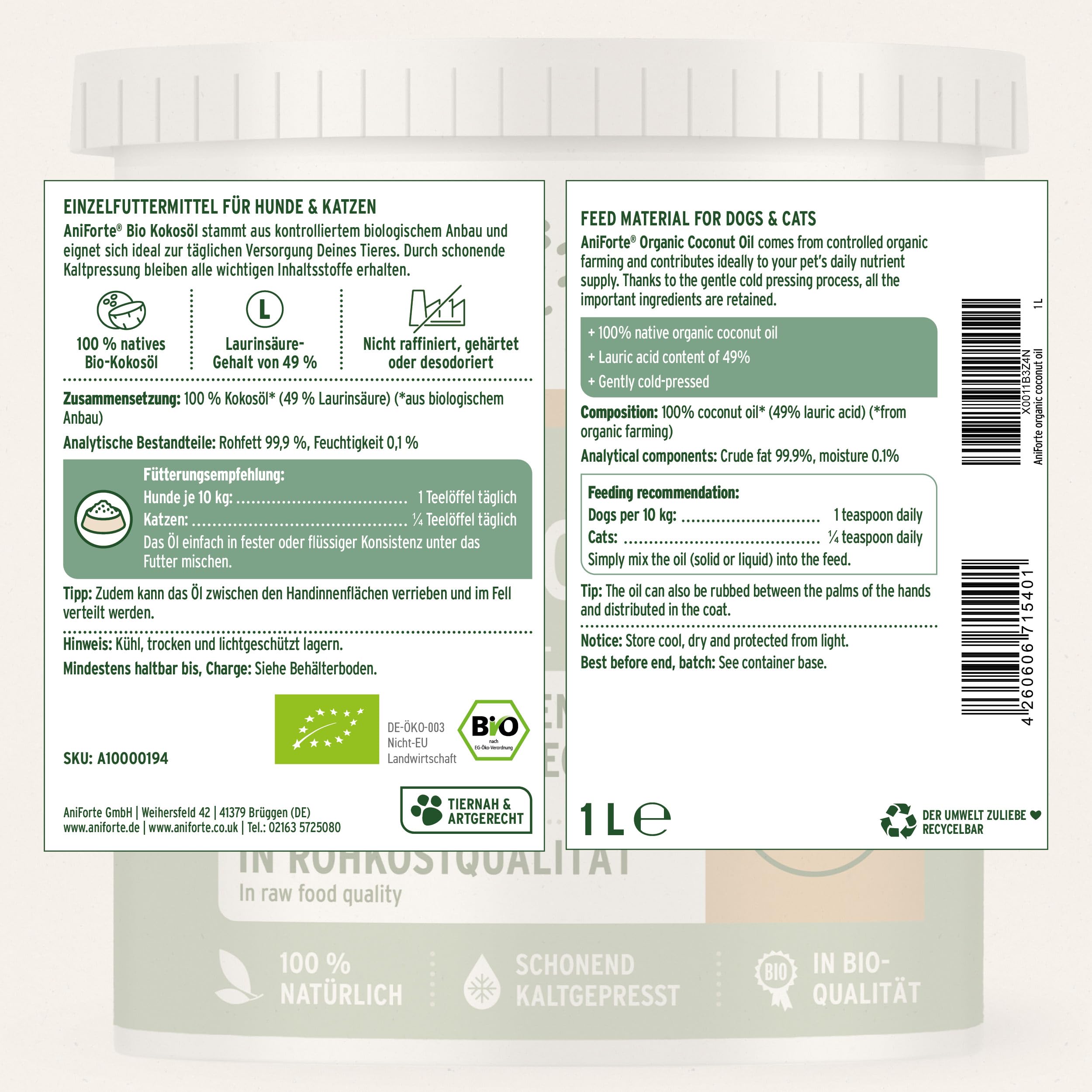 AniForte Aceite de Coco orgánico para Perros y Gatos 1 litro Grado alimenticio - Virgen, sin refinar, Alto Contenido de ácido láurico, Cuidado del Pelaje, Patas y Piel, orgánico, suplemento para Barf