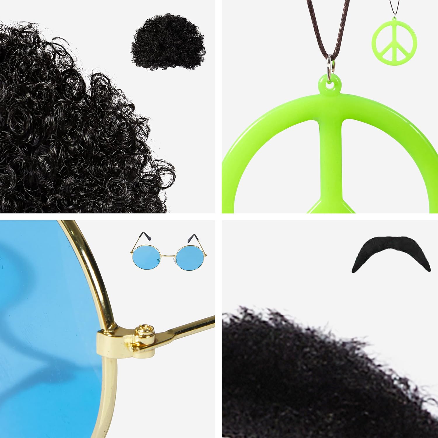 4pc Hippie Accessories for 70's Fancy Dress Men, Mens Hippie Costume Accessories Including Black Afro Wig - Image 4
