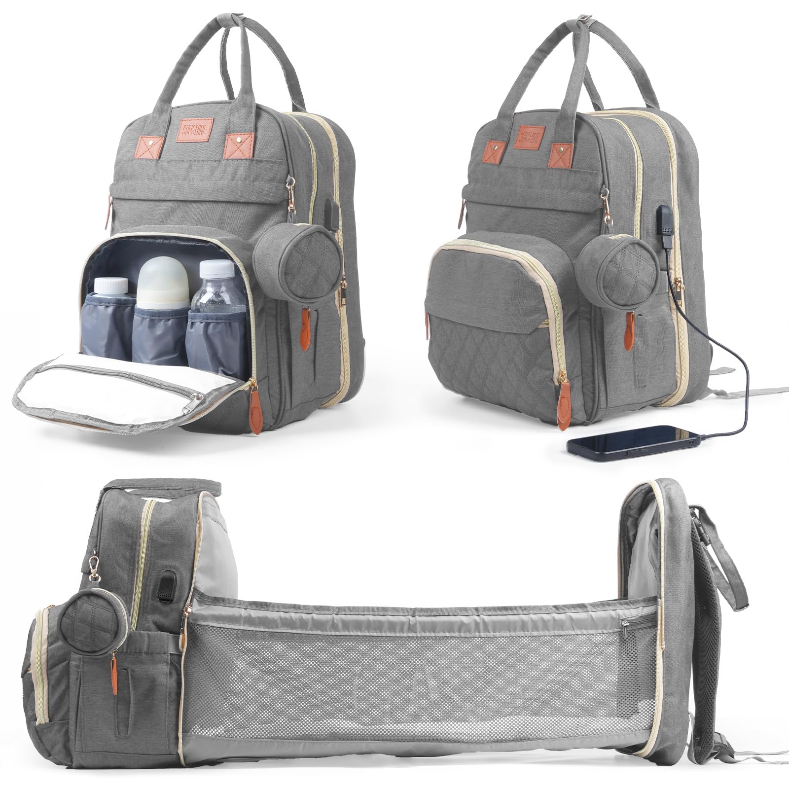 Wickeltasche Rucksack，Wickelrucksack Groß，Multifunktional Diaper Bag mit Mobiler Wickelauflage，Wasserdicht & Leicht，Faltbar Kinderbett，Kinderwagengurte,Babytasche。Baby Wickelrucksack Für Unterweg，Grau