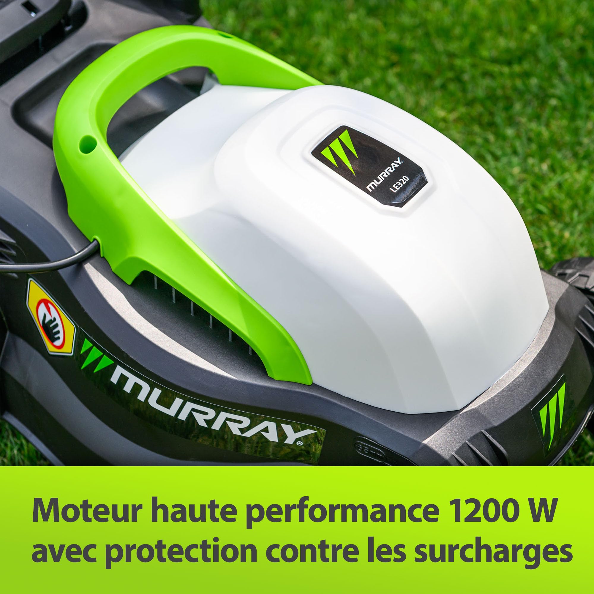 Murray Tondeuse Électrique 2-en-1 LE320E – Compacte 1200W/32cm avec Bac de Ramassage 27L pour Petites Surfaces – Poignée Ergonomique et Protection Contre Les Surcharges