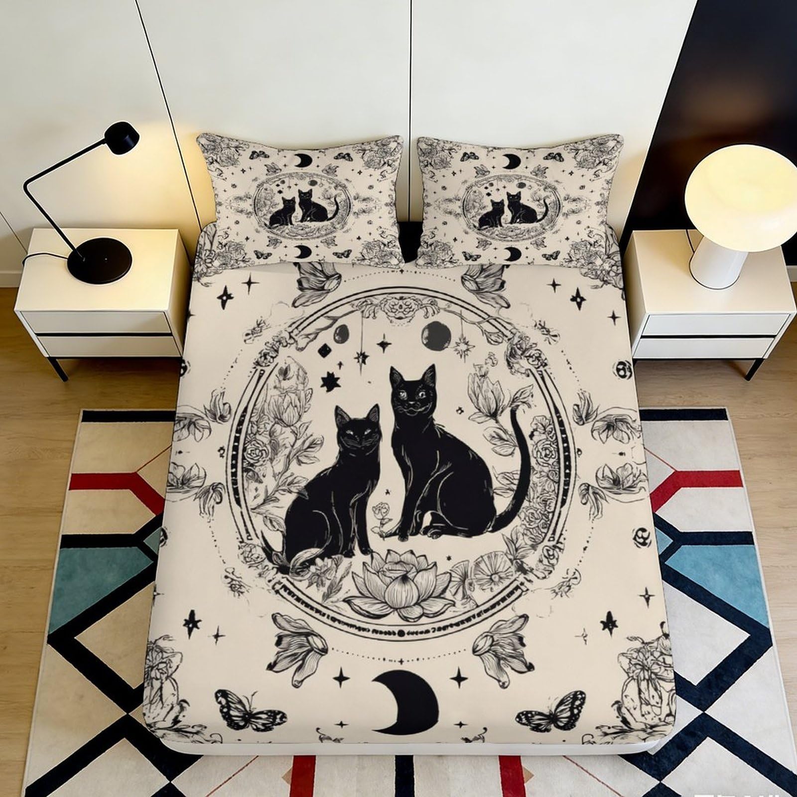 Zfldkwgb Style-3 3D Printed Black Cat Moon Fitted Sheet Microfiber Soft Bedroom Decor Witch Butterfly Mattress Cover 90X200x25cm