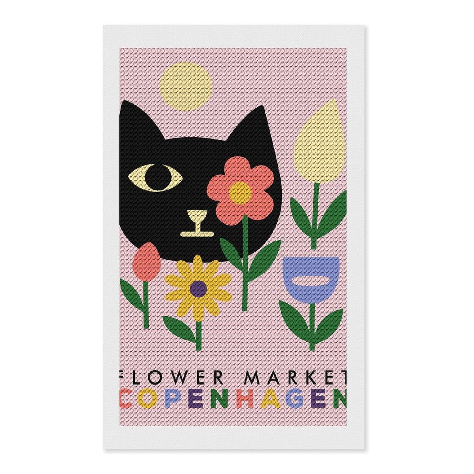 Junmoney Flower Market Copenhagen Cat Art Diamond Painting Canvas Set 12"x20", Easy to Enjoy, Adhesive Canvas, Office Decor, Holiday Gift Idea, with Tool Kit