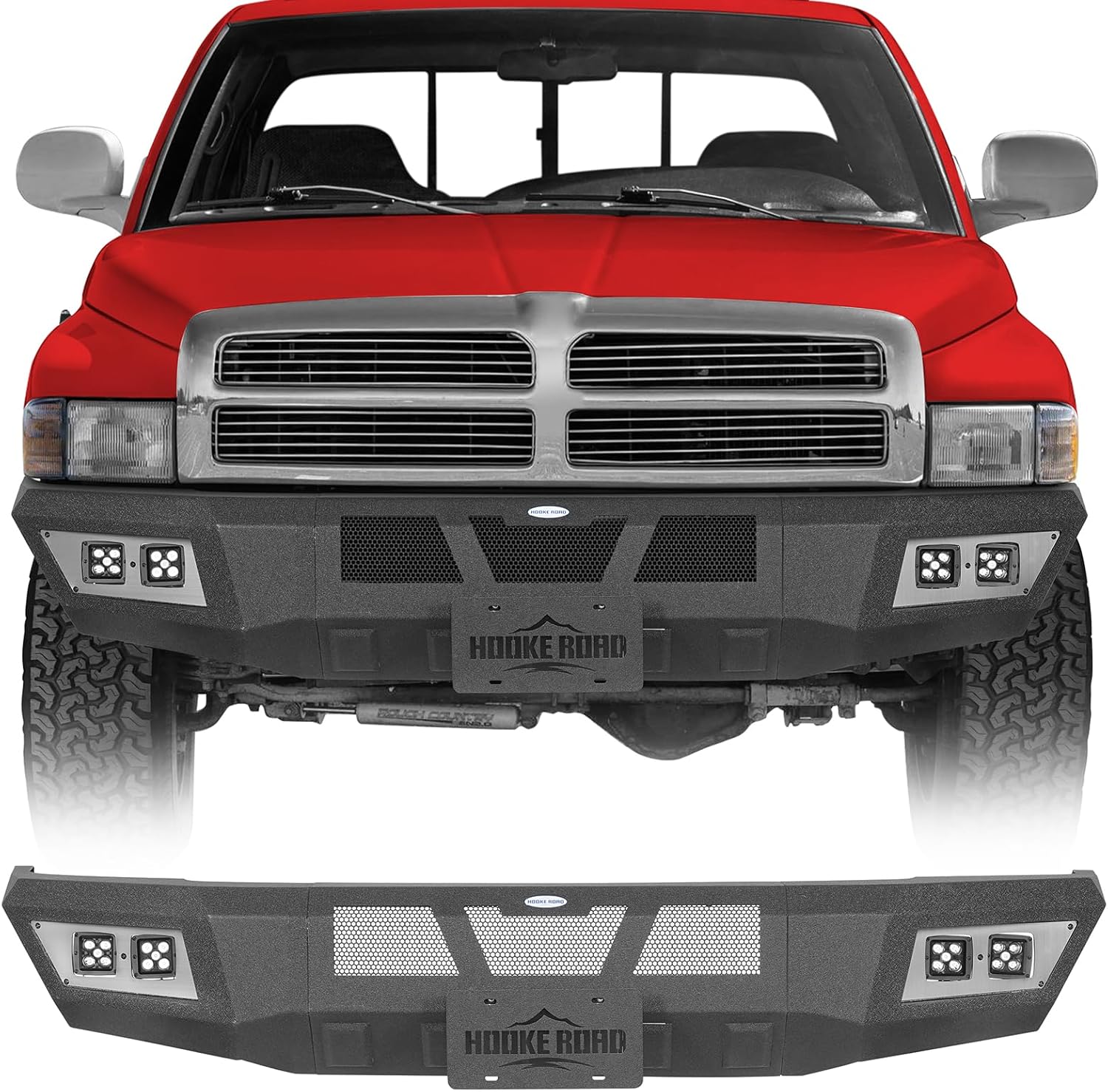 Hooke Road Ram Front Bumper for 1994-2001 Dodge Ram 1500 & 1994-2002 Ram 2500 3500, Heavy Duty Replacement Bumper with 4x 25W LED Lights & License Plate Mount