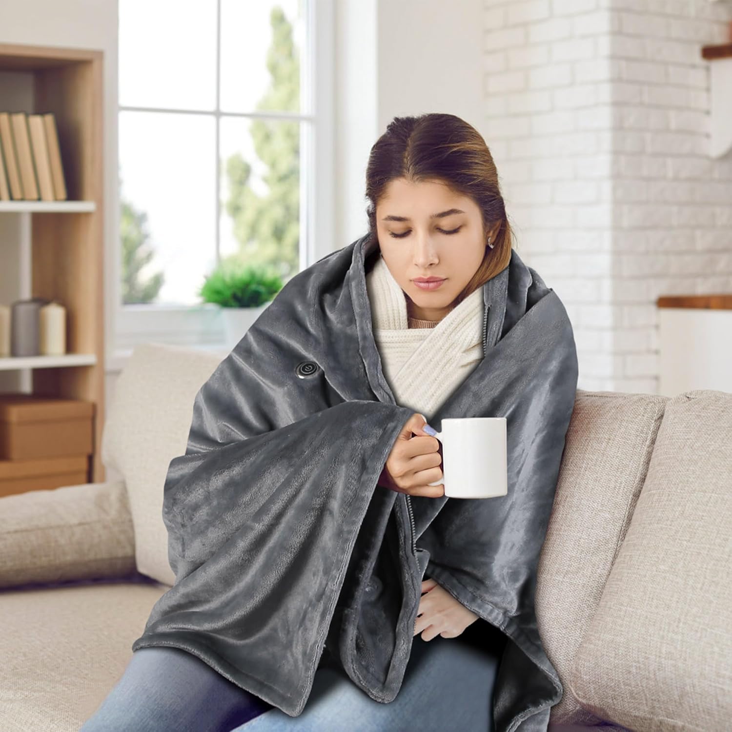 Wearable Heated Throw Blanket, Portable Flannel Electric Heated Wrap Poncho Shawl with Pockets & Zipper, 8 Heating Zones & 3 Heating Levels, 59x31in - Image 2