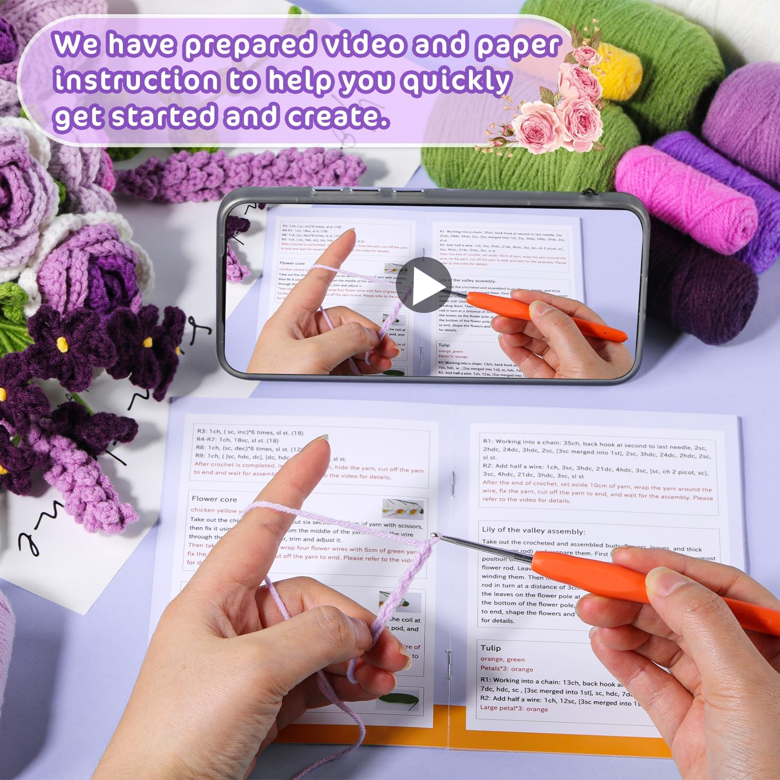 Beginner Crochet Flower Bouquet Kit - Purple Roses -3