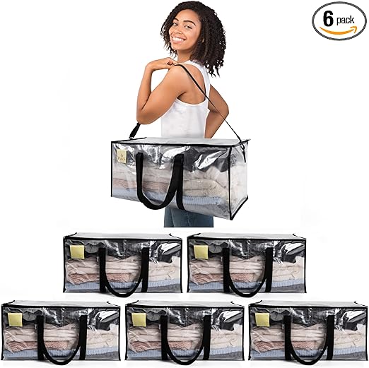 6-Pack Extra-Large, Heavy-Duty, Semi-Transparent Moving Bags Totes for Clothes, Storage, Supplies - Removable and Adjustable Shoulder Straps, Double Zippers, and Reinforced Handles