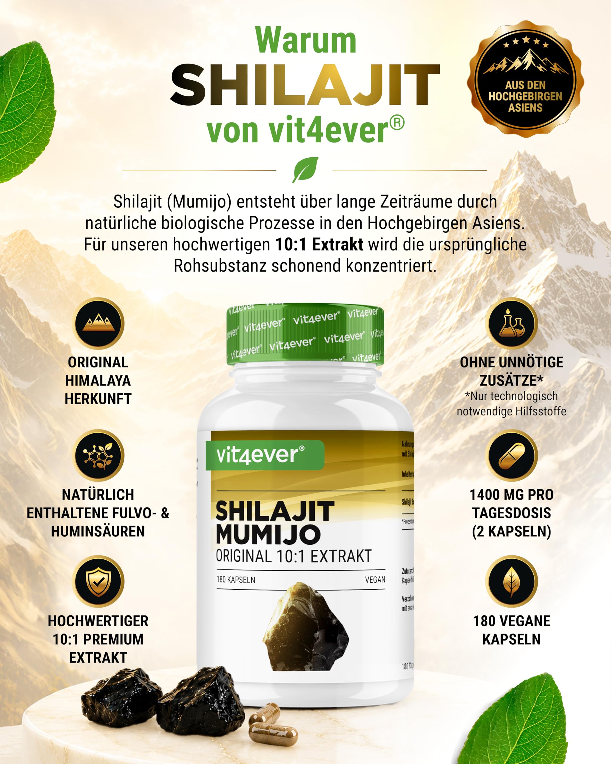vit4ever Mumijo Shilajit - 180 Kapseln - 10:1-1400 mg - 10:1 Extrakt | 1400 mg pro Tagesdosis, hochdosiert, Original Himalaya 10:1 Extrakt, ohne unnötige Zusätze, vegan