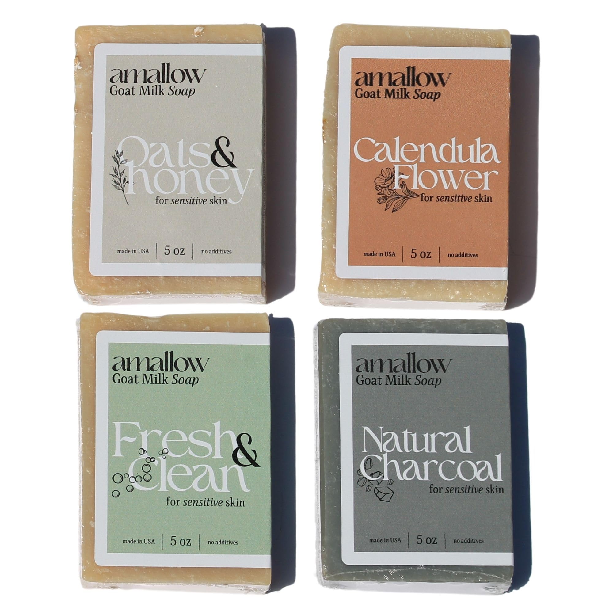 Amallow Premium Goat Milk Soap Bars - Dry Skin, Gentle, Organic & Soothing - Hand Made in USA with Real Goat Milk - Large 5 OZ (Pack of 4) - (Variety