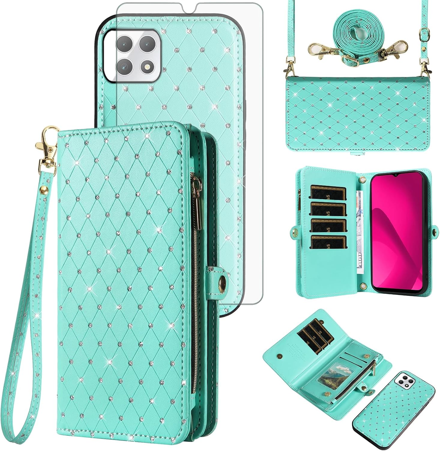 Asuwish Phone Case for T-Mobile Revvl 7 5G Zipper Wallet Cell Cover with Tempered Glass Screen Protector Strap Glitter Flip Card Holder Slot Tmobile Revvl7 T Mobile Revel Tmo Revell Rebel Women Teal