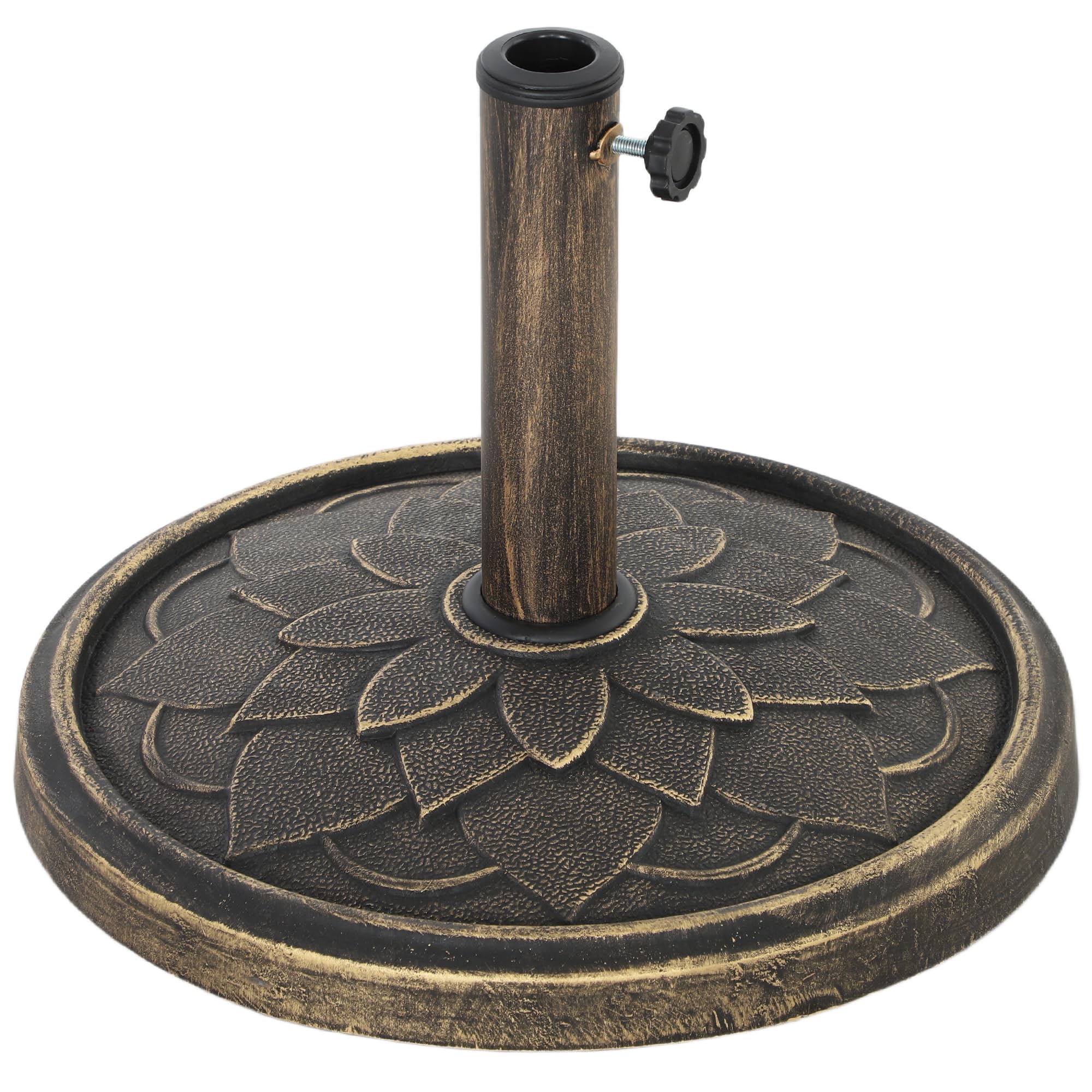 Outsunny Base per Ombrellone da 12 kg con Motivo di Fiore di Loto e Manovella Integrata, Basamento per Ombrellone in Resina, Metallo e Cemento, per Pali di Ombrelloni da Ø32/38/48 mm, Bronzo