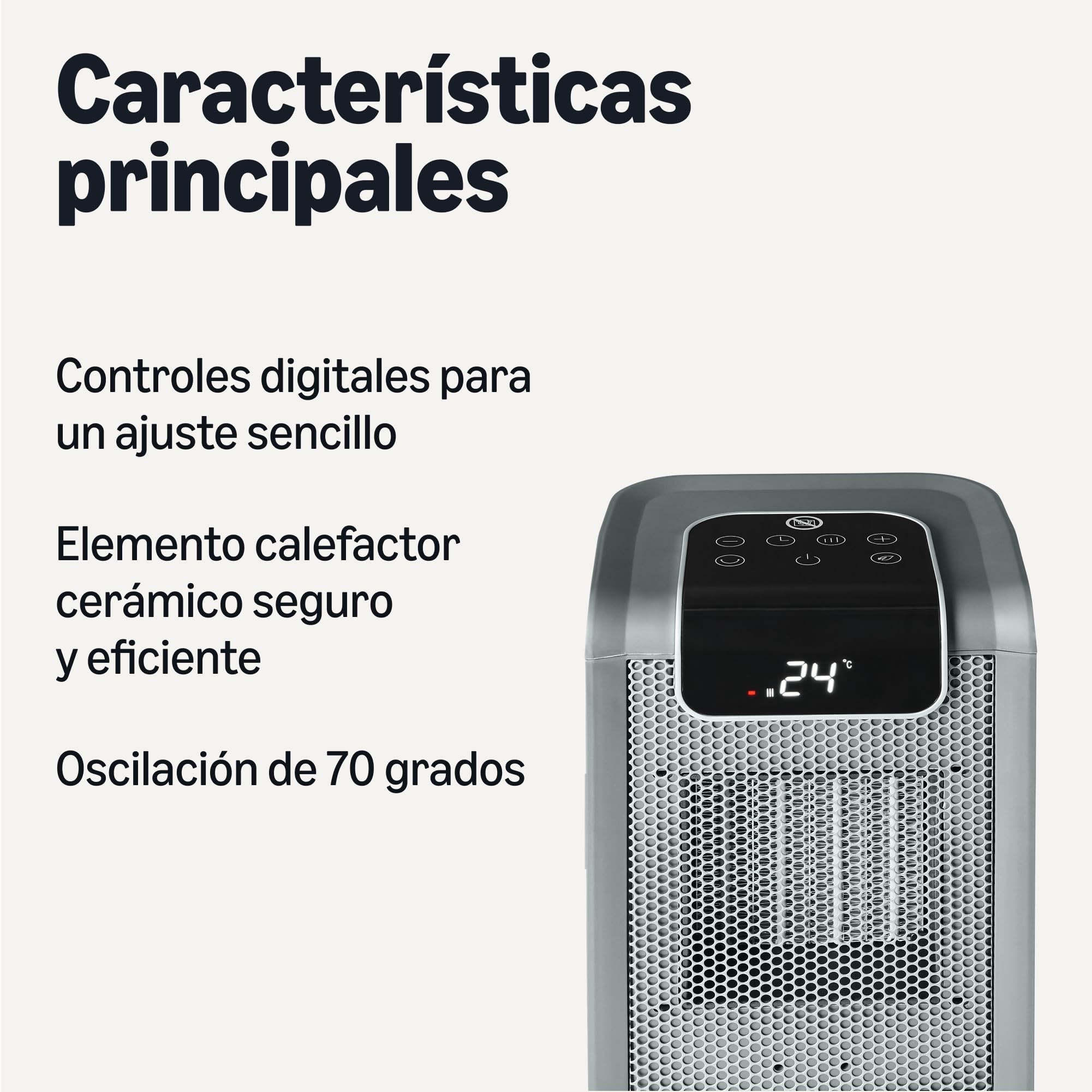 Amazon Basics Calefactor eléctrico cerámico con tecnología PTC, 1800W, oscilación 70°, 25cm, Gris