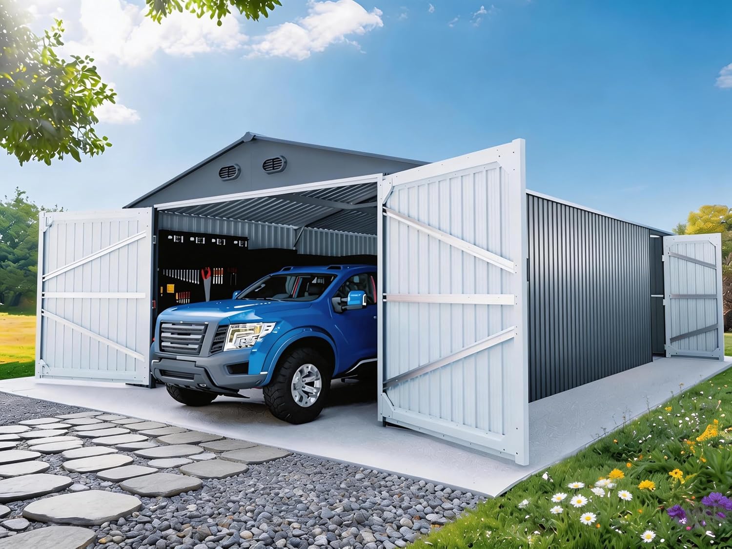 20 x 10 FT Outdoor Storage Shed, Large Metal Garden Shed with 2 Lockable Doors, Tool Shed Outdoor Storage with 4 Air Vents, Garage Shed Waterproof for Car, Truck, Bike, Garbage Can, Tool, Dark Gray