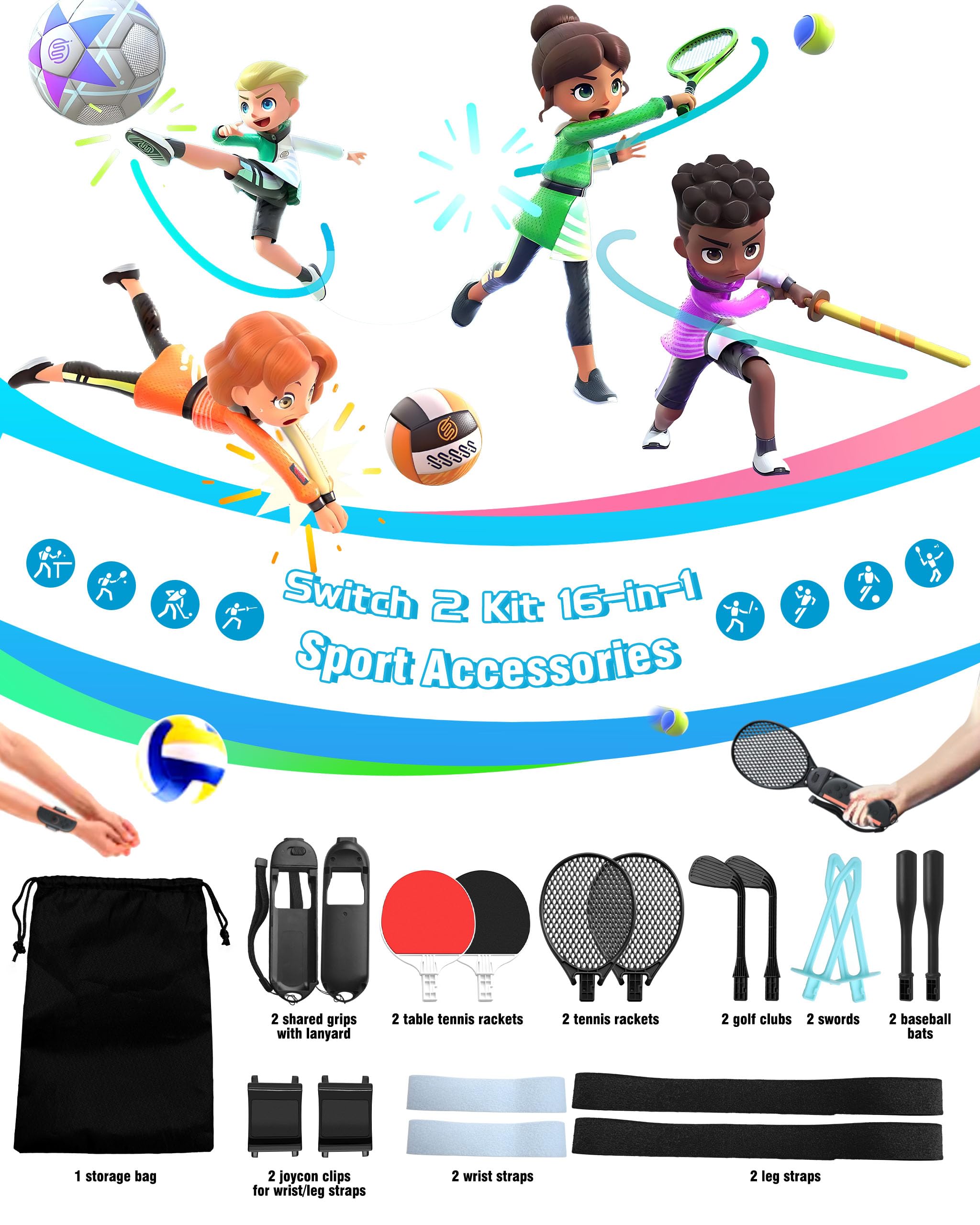 Switch 2 accessori sportivi, 16 in 1 Pacchetto di accessori per giochi per JoyCon 2 con racchette da tennis, mazze da golf, pagaie da ping pong, mazze da baseball, spade, cinghie da polso e gambe e