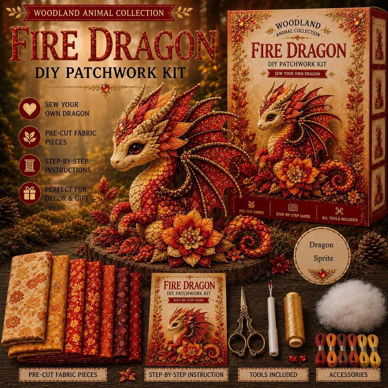 Dragon Sprite Kit de couture pour patchwork à faire soi-même, ensemble de bricolage en peluche dragon fantaisie avec tissu prédécoupé et accessoires, kit de patchwork animal pour débutants, cadeau