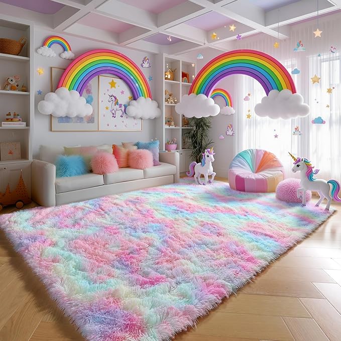 Alfombra Peluda Suave 4x6 Arcoíris para Niñas miniatura 3