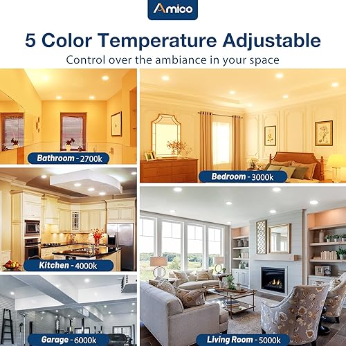 Miniatura 3 de Amico Iluminación empotrable LED 5CCT de 56 pulgadas, paquete de 12 unidades, borde suave, regulable, IC y luces de lata con clasificación húmeda,