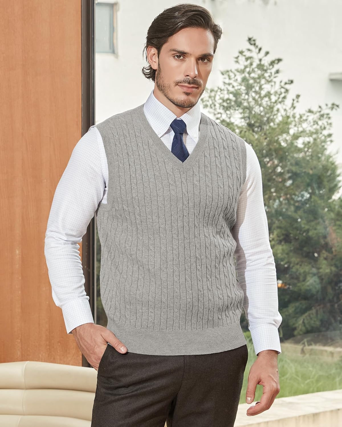 Kallspin Men’s Cable Knit Sweater Vest Pure Cotton V-Neck Sleeveless Knitted Pullover for Fall Winter - Image 6