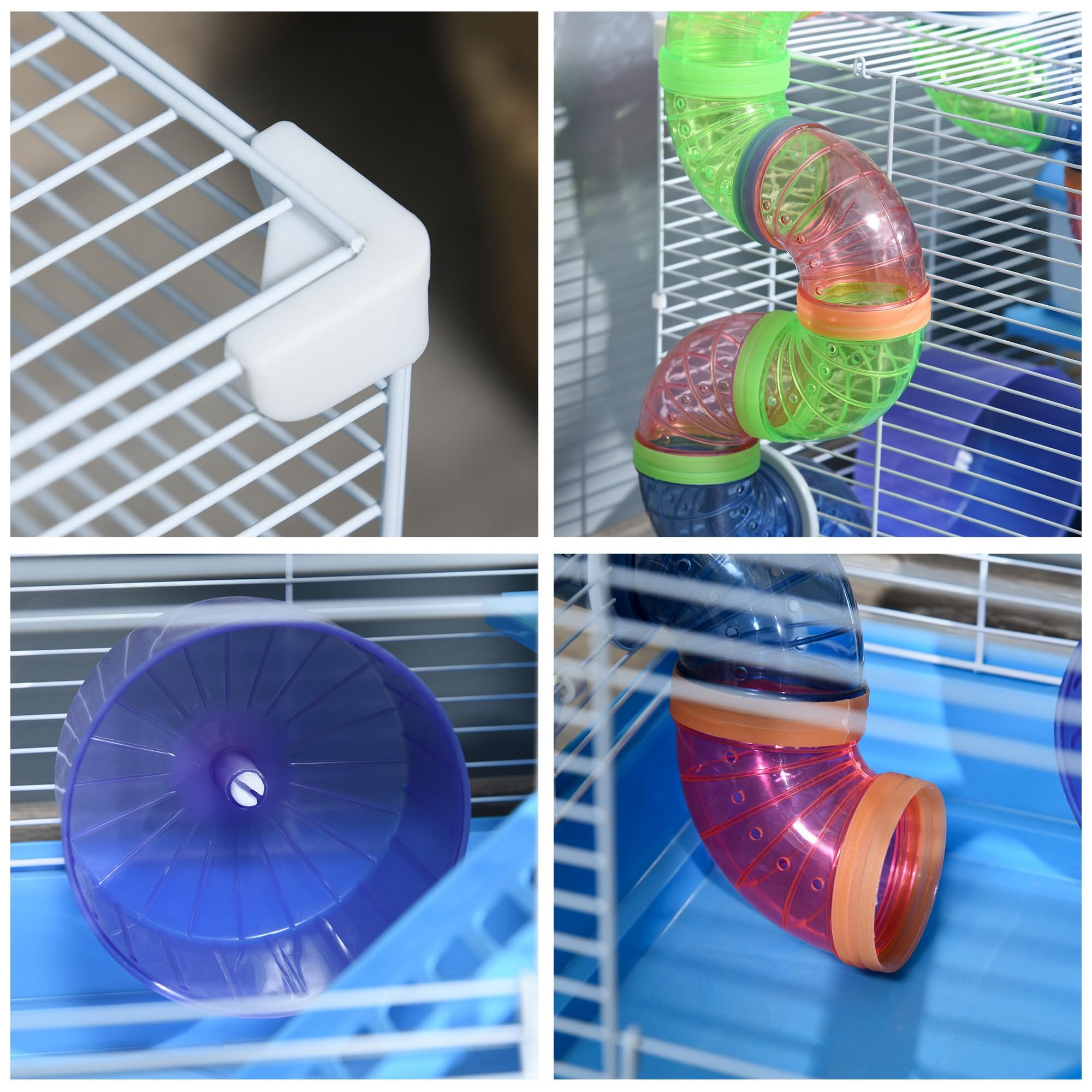 PawHut Gabbia per Criceti a 2 Livelli con Tunnel 46x30x37cm Blu e Bianca | Serbatoio per Acqua, Vassoio Rimovibile, Ruota per Criceti