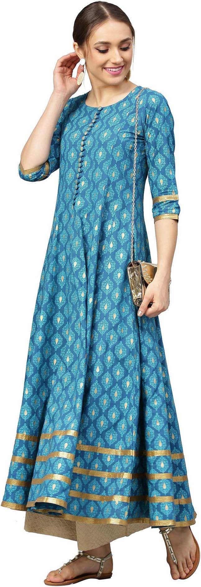 idaLia Gold Printed Cotton Anarkali Kurta - Elegant Women's Anarkali Kurtas with 3/4 Sleeve, Round Neck, Ankle Length - Anarkali Kurta Set