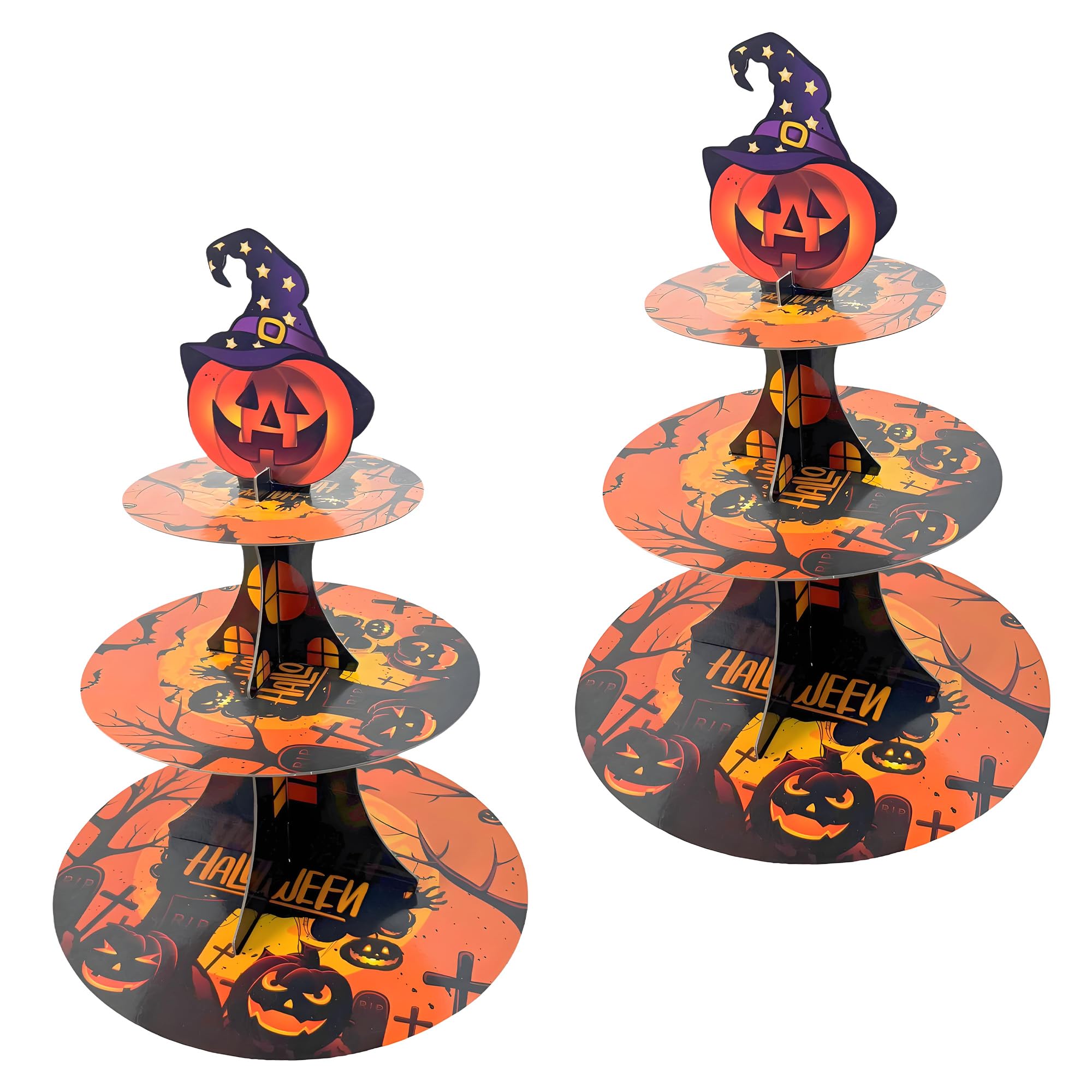 KINMRIS 2 Pack Cardboard Cake Stand, 3 Tier Halloween Round Cupcake Stand, Halloween Party Supplies, Halloween Food Display, Baby Shower Decoration (Pumpkin Witch Hat)