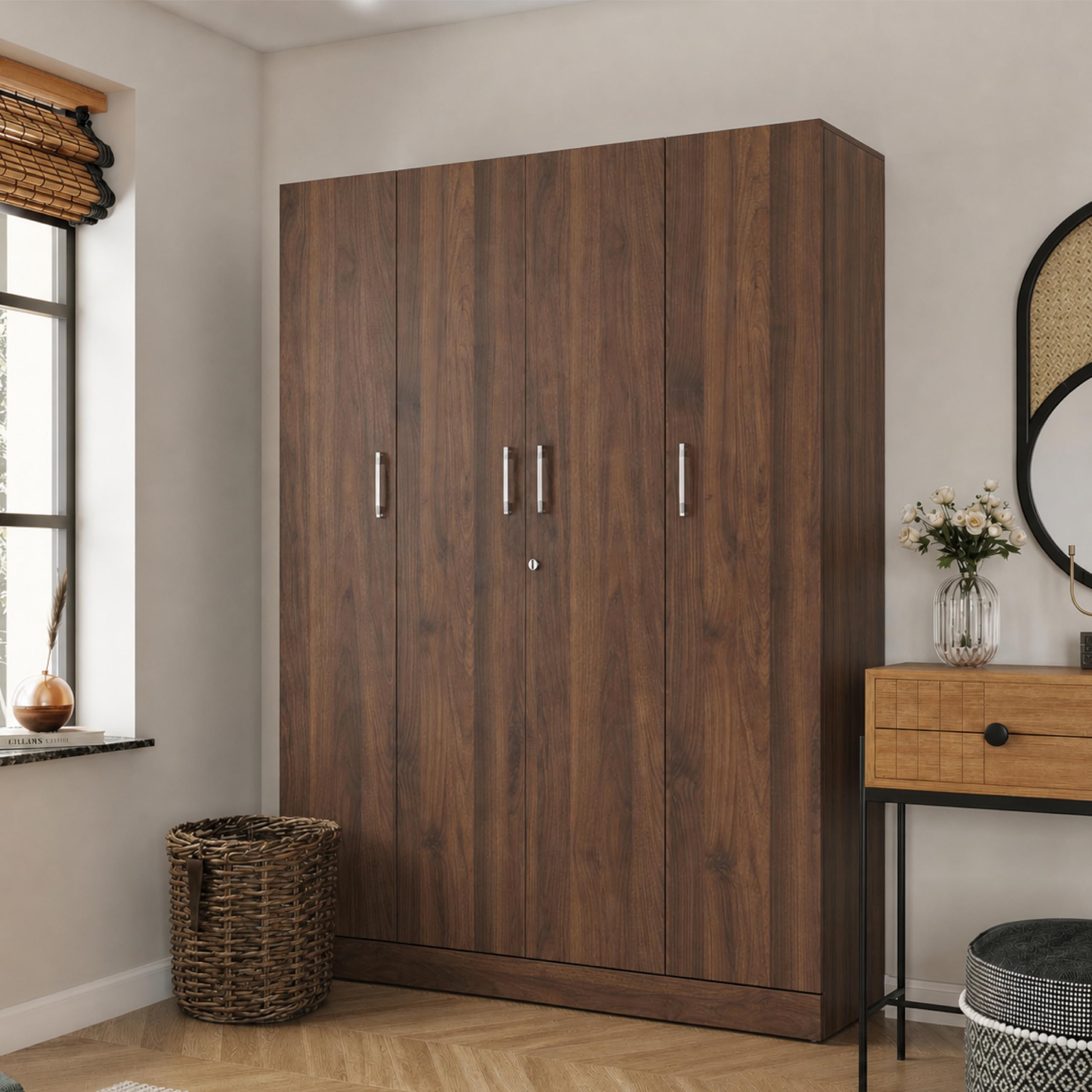 Wakefit Wardrobe for Bedroom | 1 Yr Warranty | Cupboard for Bedroom, Almirah, Wooden Wardrobe, Multi-Shelves with Drawer & Hanger, Density:680–750 kg/m³, Free Installation (Gingham - Columbian Walnut)