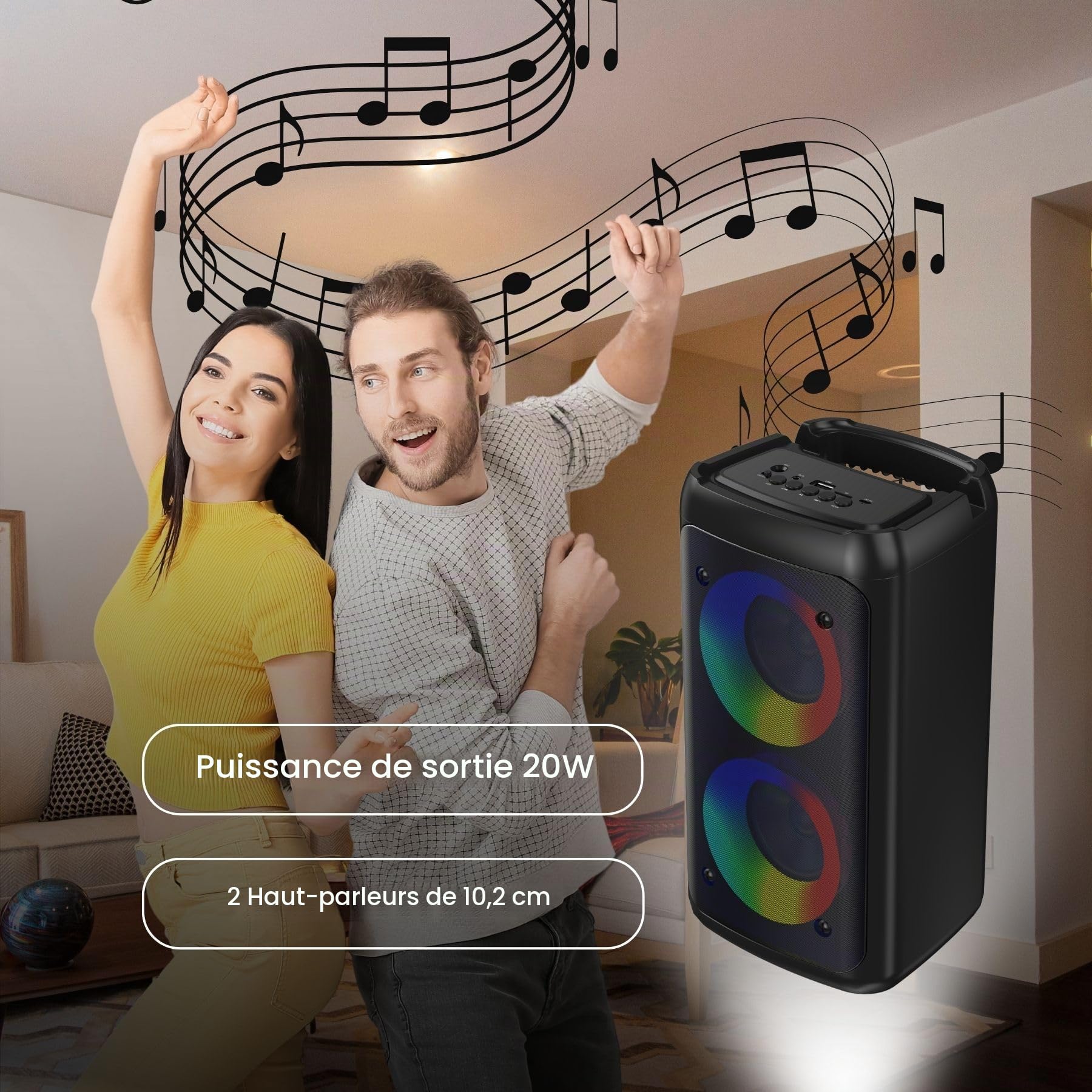 Enceinte Bluetooth BSL-S21 avec éclairage sur Les Haut-parleurs | 2 Haut-parleurs de 4 Pouces | 20 W | Microphone Offert | Batterie de 2400 mAh | Radio FM et Lecteur MP3 Via USB | Chargement USB-C |