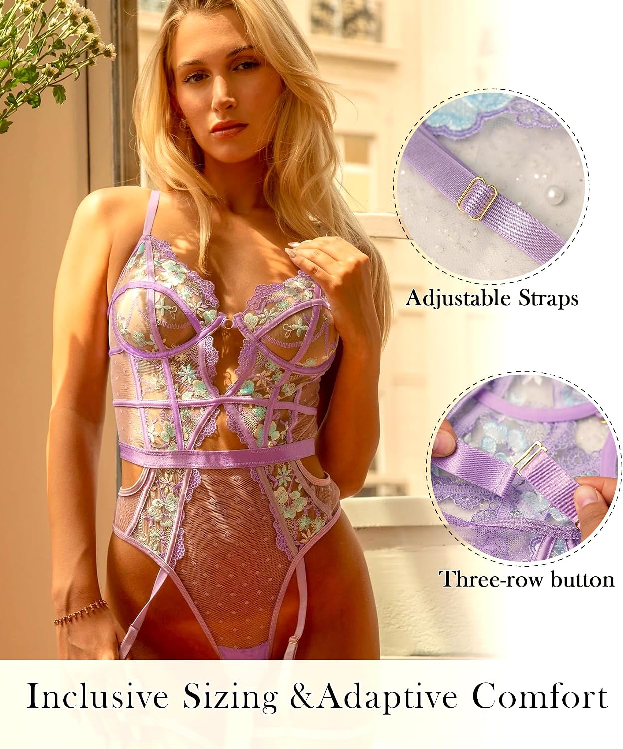 HELLOLAGIRL Women One Piece Lingerie Lace Bodysuit Lavender Blossom Embroidered French-inspired Bodysuit