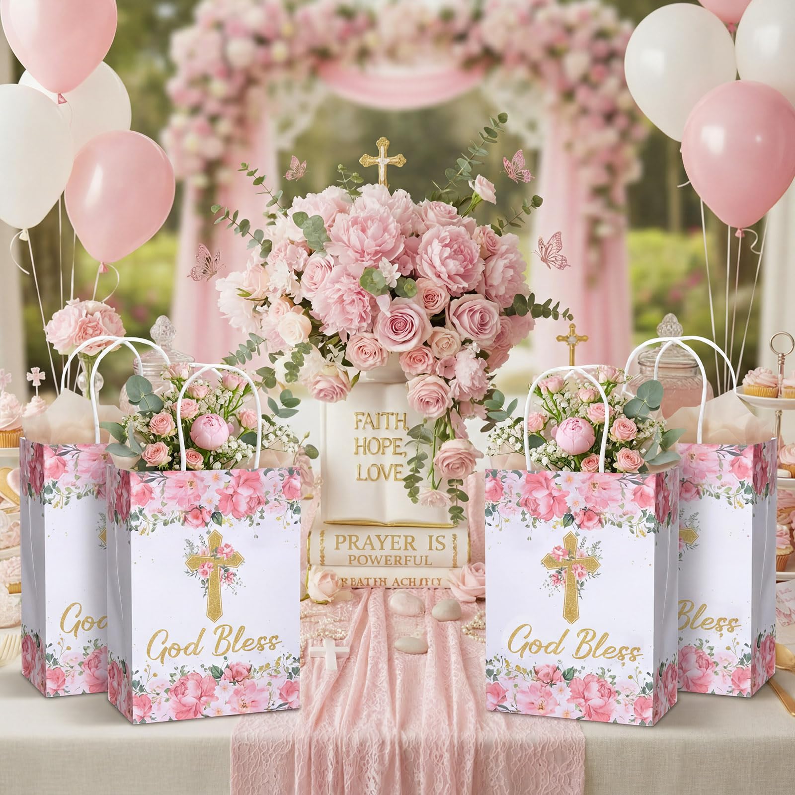 Marspark 24 Pcs Baptism Gift Bags for Guests First Communions Cross Floral Paper Gift Bags with Handles God Bless Religious Treat Paper Christian Party Supplies for Christenings Baptism Wedding