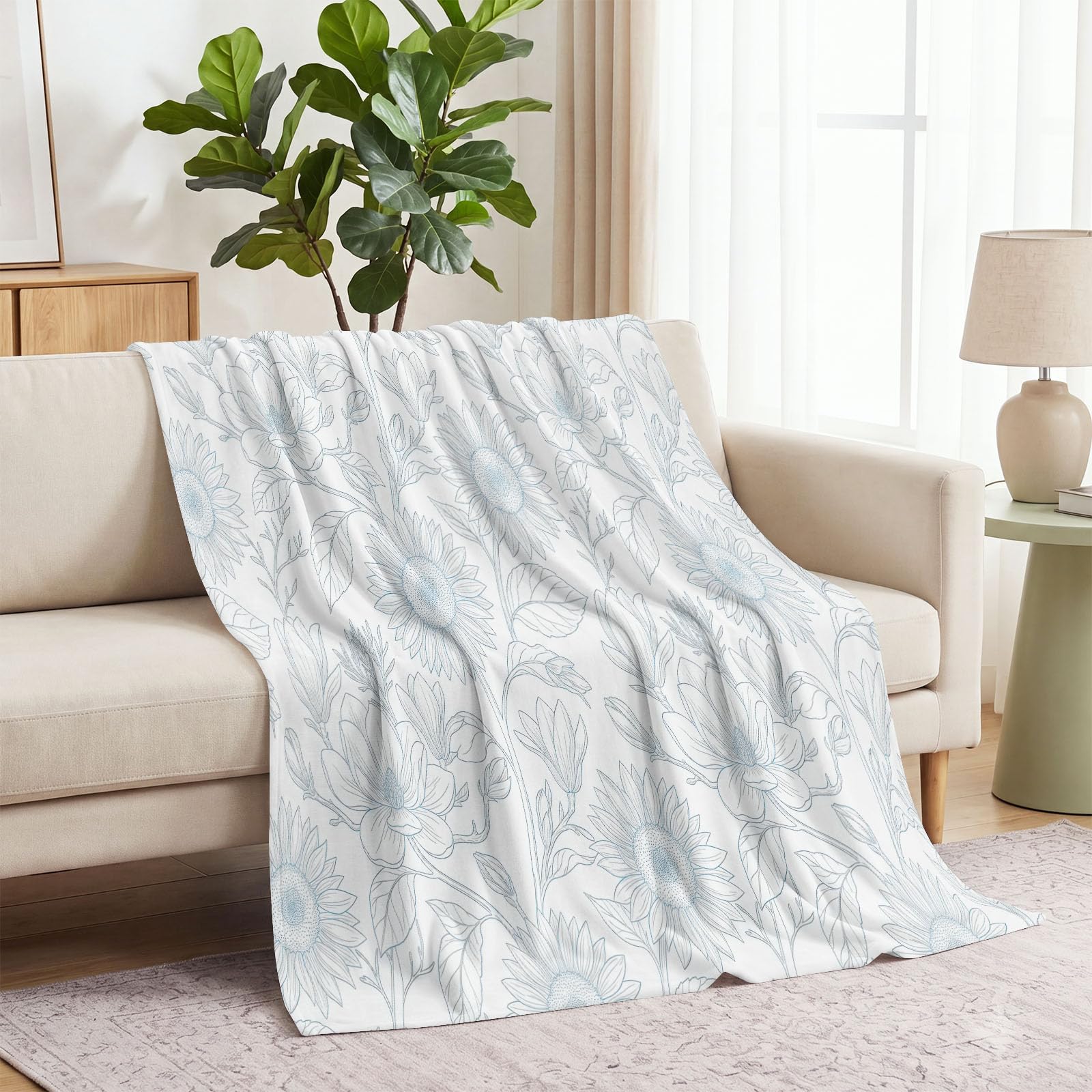 Sonnenblumen Blumen Linien Kuscheldecke Aus Weichem Flanell, 180 x 200 cm