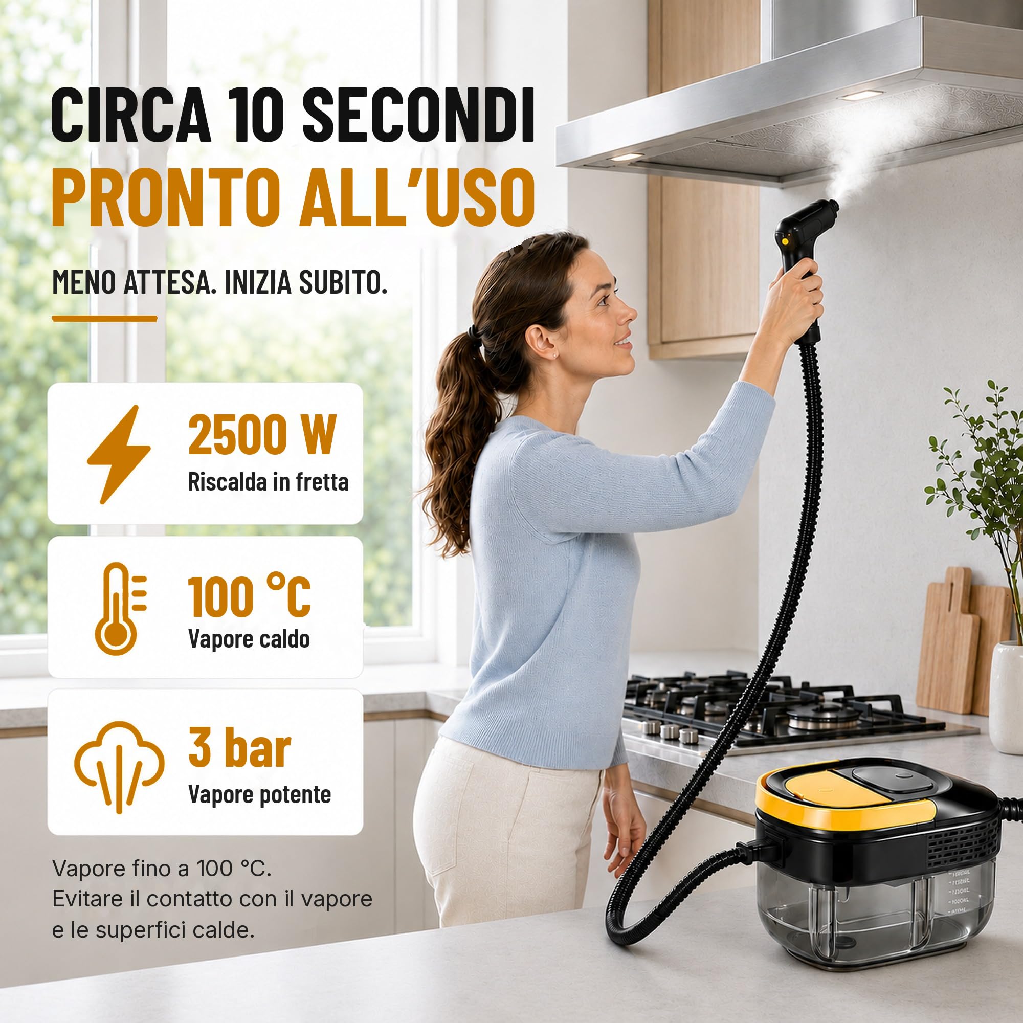 Pulitore a Vapore Portatile 17-in-1, Casa&Auto, Tempo Riscaldamento 10s, Serbatoio 1600ml, 3 Livelli Vapore Regolabili su Impugnatura, Raggio 4,5m, Accessori: Cucina, Bagno, Pavimenti, Finestre, Auto