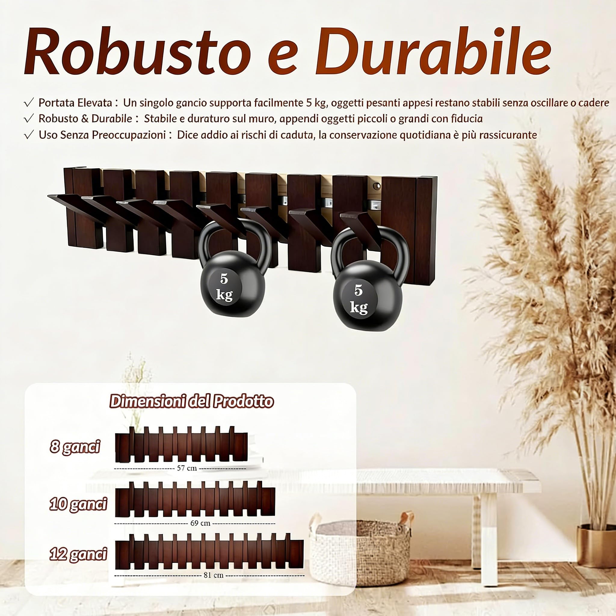 Gancio appendiabiti da parete moderno in legno massiccio – Gancio appendiabiti a parete per cappotti cappotti e borse – Modanatura decorativa da parete, forte resistenza, ideale per corridoio, camera