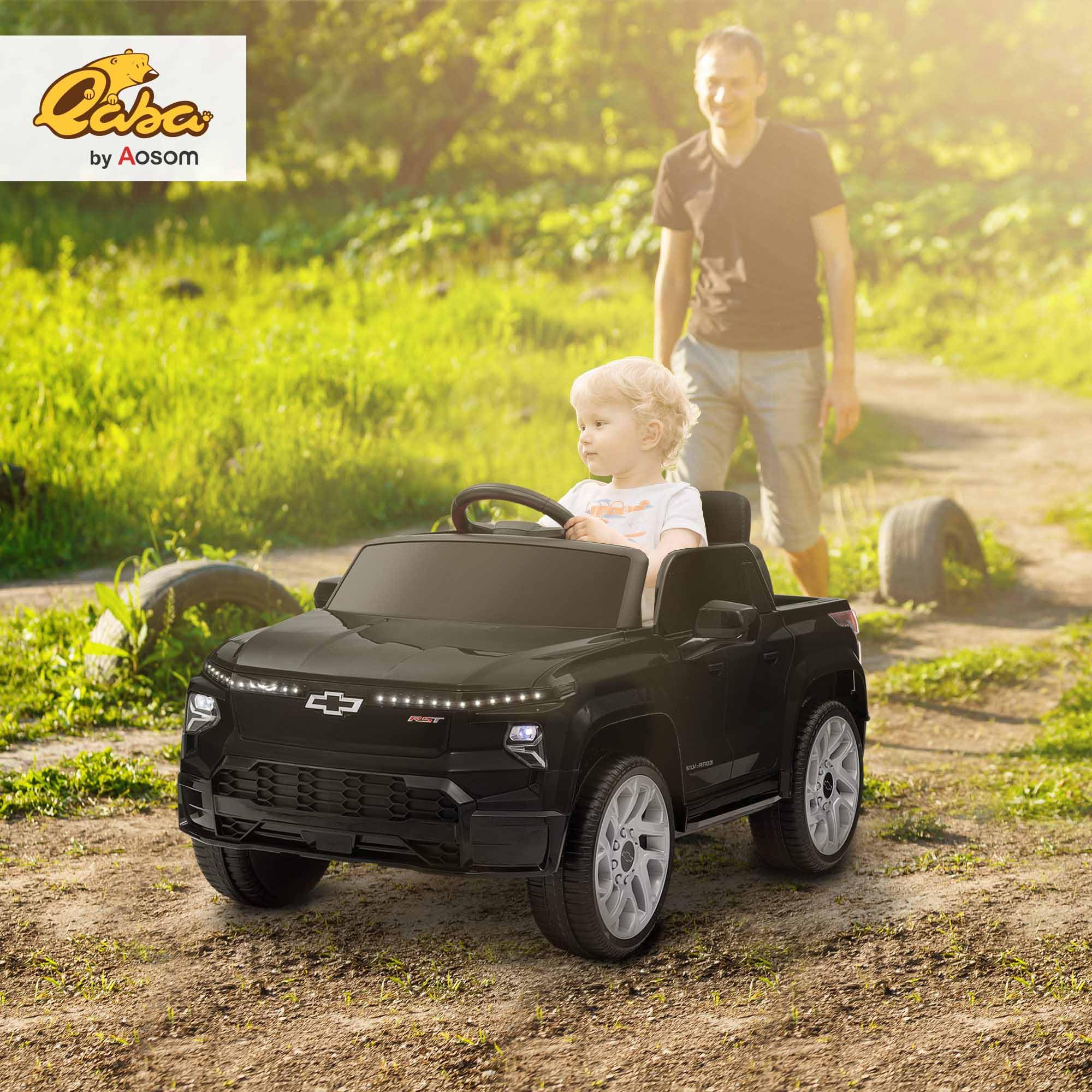 Qaba 12V Kids Ride on Truck, Chevrolet Silverado EV RST Licensed Electric Car with Parent Remote Control, Back Storage, Spring Suspension, Soft Start, Auxiliary Wheels, LED Lights, Music, MP3, Black
