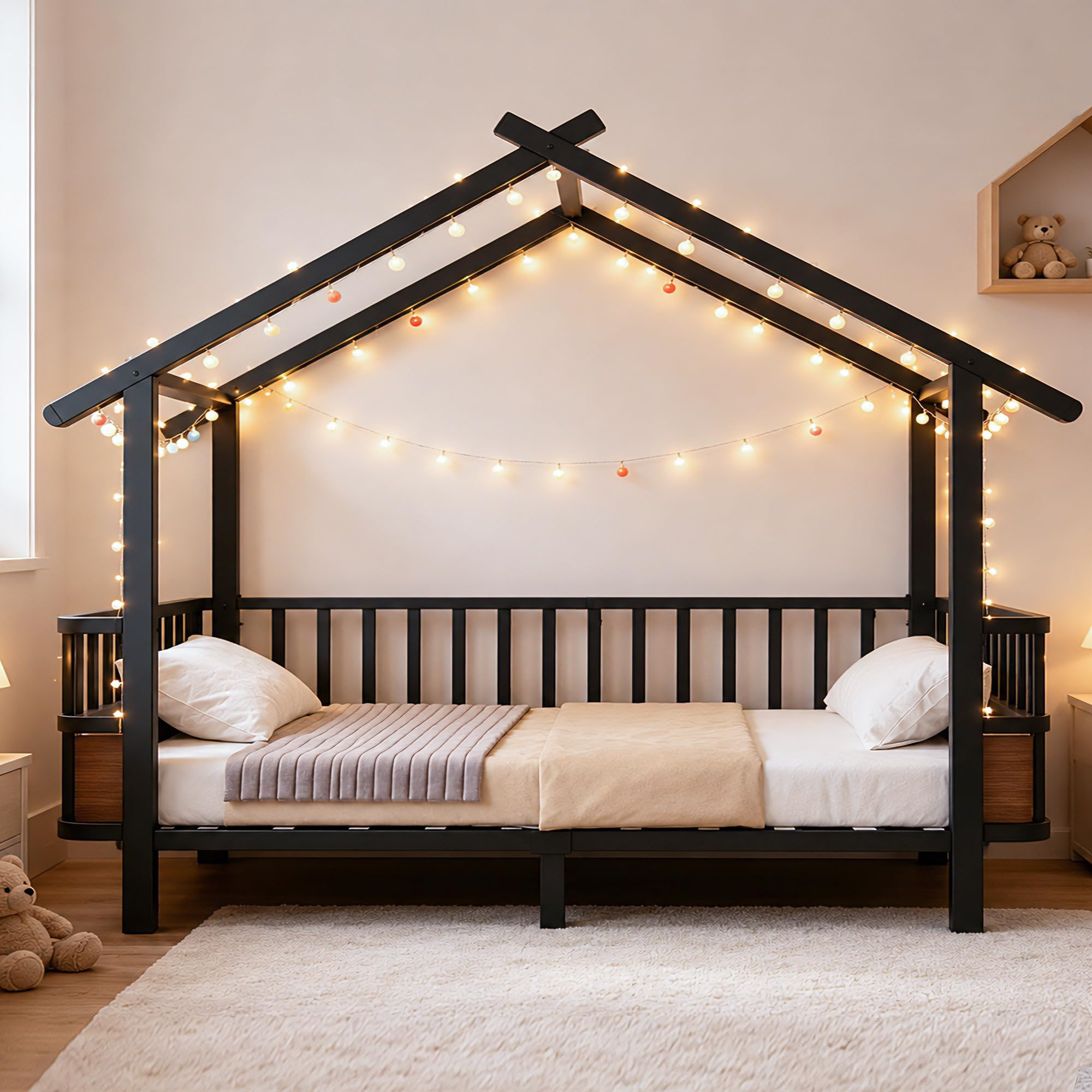 Merax Kinderbett aus Metall in Hausform 90x200 cm mit Sicherheitsgitter & Dachdesign – Schwarz (Ohne Matratze)