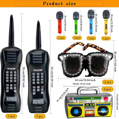 Miniatura 2 de 10 piezas de accesorios inflables de los años 80 y 90, incluye radio inflable Boombox, teléfono móvil inflable, lentes inflables para decoraciones