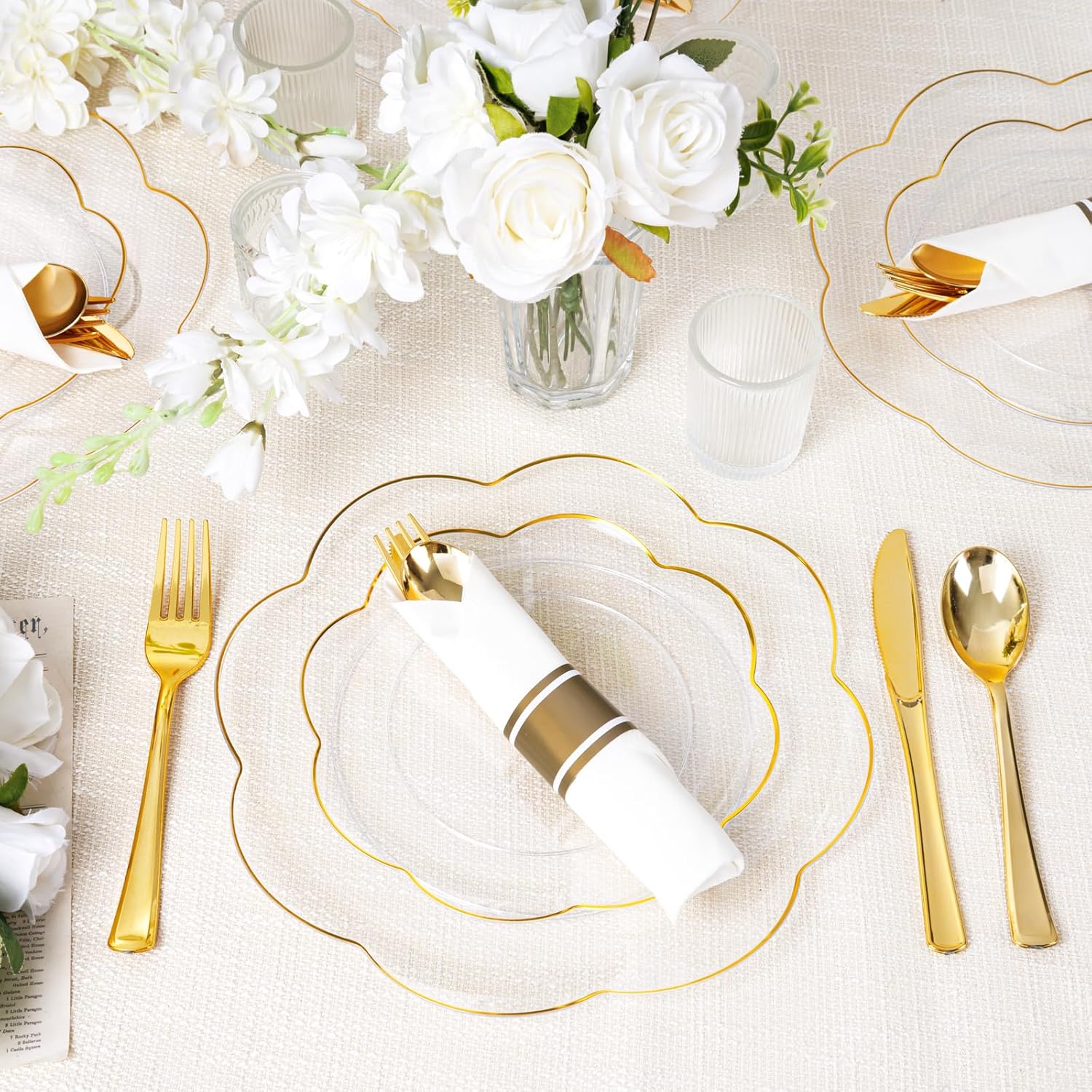 Supernal 100 Pack Gold Plastic Silverware,Pre Rolled Silverware Set Disposable,Gold Disposable Utensils Includes 100 Plastic Forks Spoons and Knives Set,and 100 Napkins for Wedding,Birthday, Party