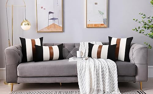 JASEN Juego de 4 fundas de almohada de piel sintética y lino, fundas de cojín decorativas modernas de granja en blanco y negro para sofá