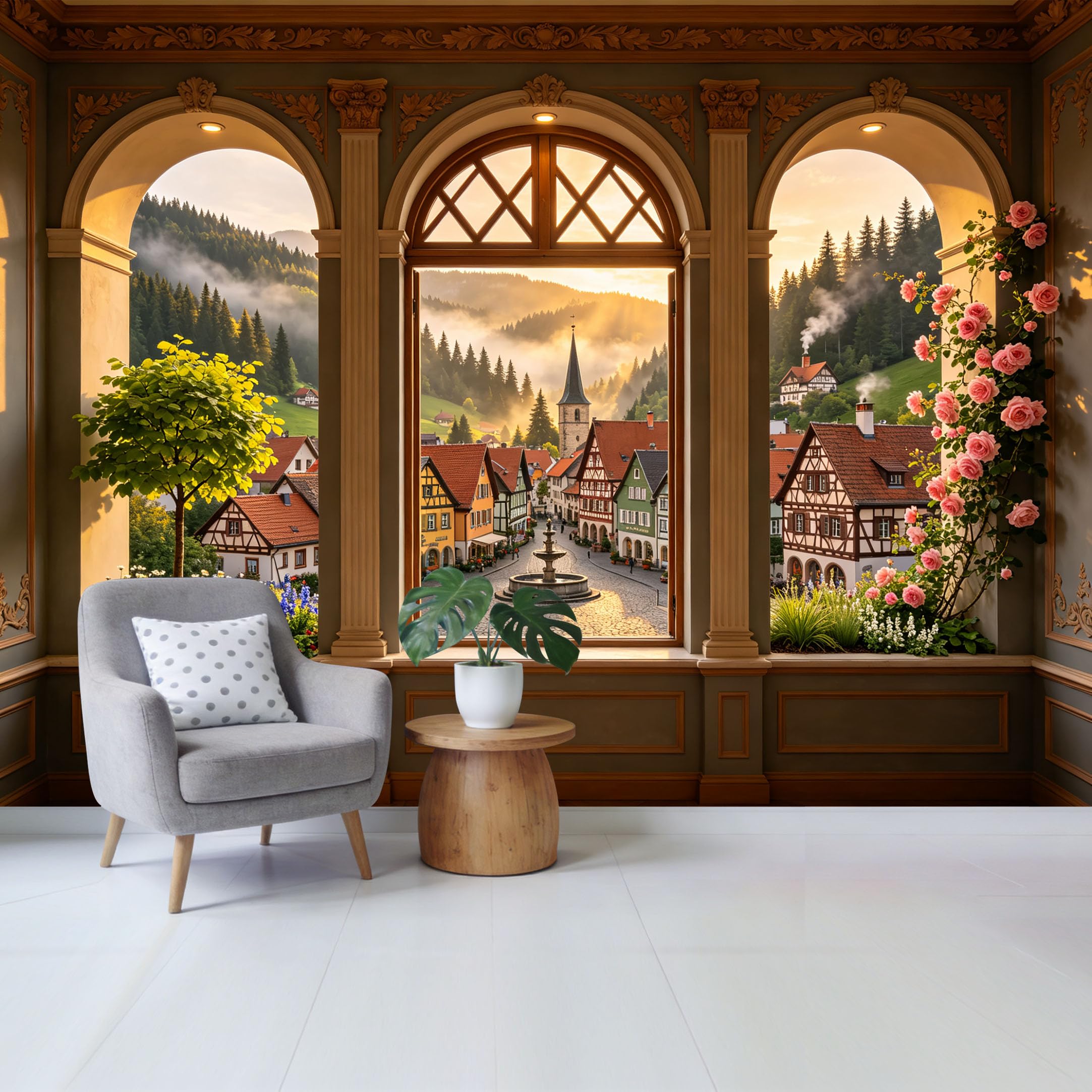 Custom Size Wall Mural European Village Window View Mountain Landscape Sunrise Removable Self Adhesive Fabric Home Wall Decor for Living Room Bedroom Bathroom