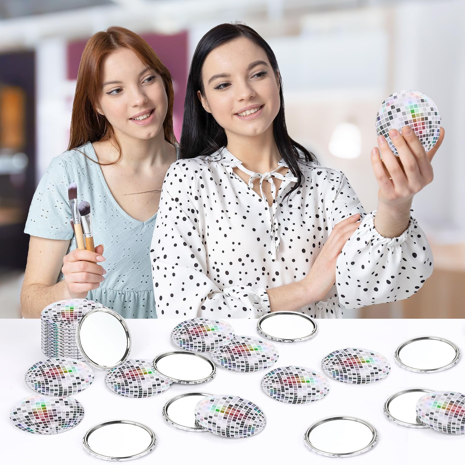 12 Pcs Disco Ball Compact Mirror, Mini Round Disco Makeup Mirror Bulk for Women Gift Party Supplies