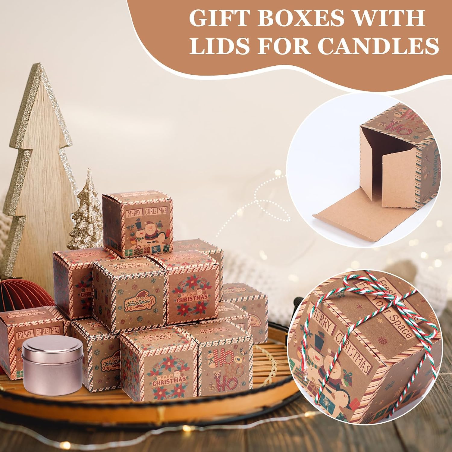 Mini Christmas Candle Boxes - Small Gift Boxes with Lids, 3x3x3 Inches, Packaging for Candies, Cookies, Treats, Xmas Party Favors