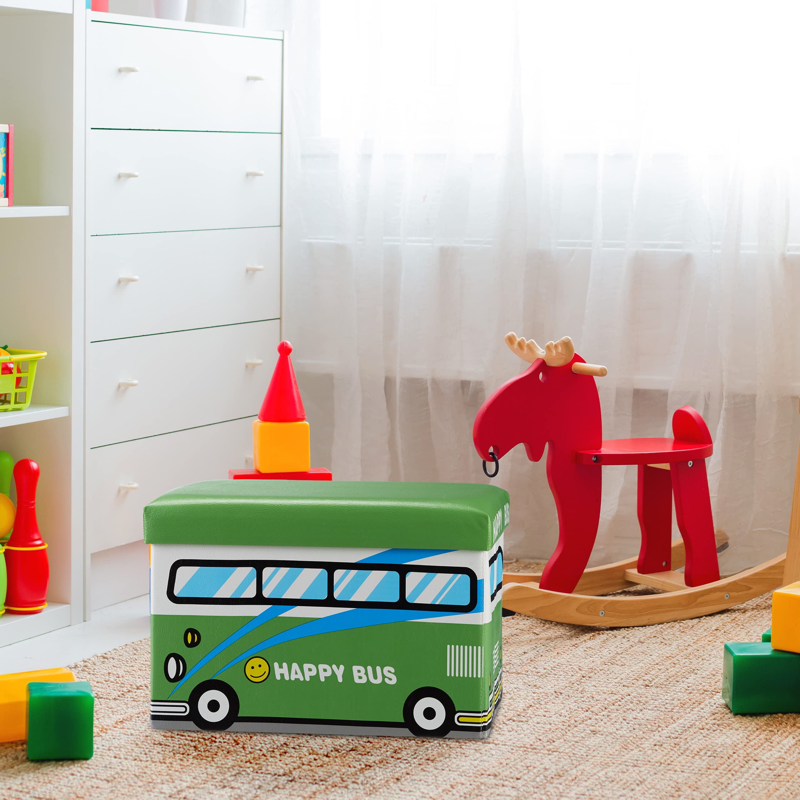 Sgabello Contenitore Per Bambini Relaxdays - Scuolabus Giallo, Pieghevole, 50 Litri, Con Scomparto - Foto 6