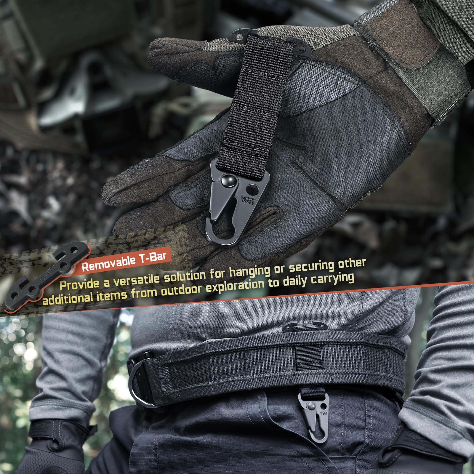 LIVANS Tactical Gear Clip Molle Belt Clip Tactical Clash Hook T- Mount Molle Webbing Battle Belt Clip Molle Bag Key Clip for Plate Carrier Duty Belt Molle Panel Backpack Accessories, Include Z-Buckle