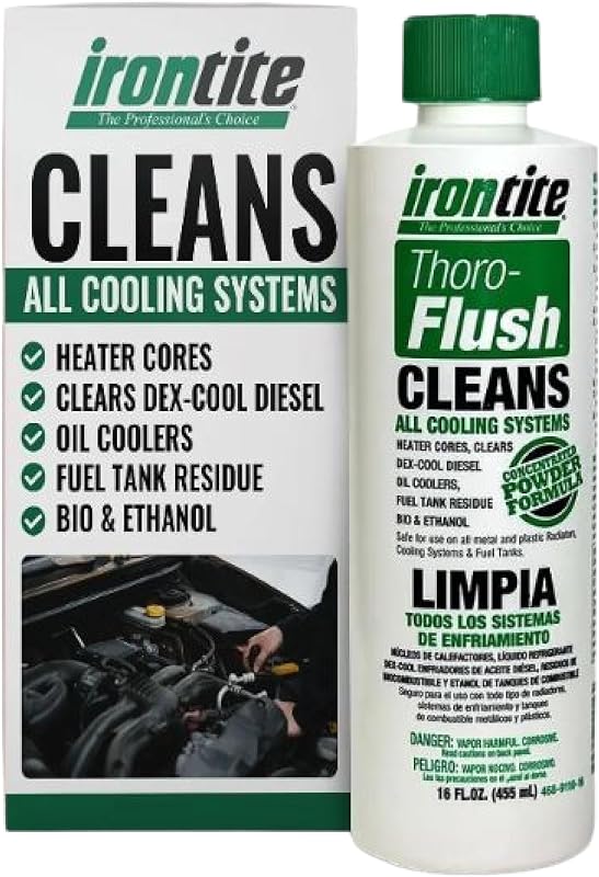 Limpiador del sistema de refrigeración Irontite Thoro-Flush - Elimina el óxido, las incrustaciones, el aceite, los lodos y la Dex-Cool gelificada - 16 oz de polvo - Limpia los sistemas de refrigeración, restaura el flujo de refrigerante, es seguro para hierro fundido, aluminio y plástico