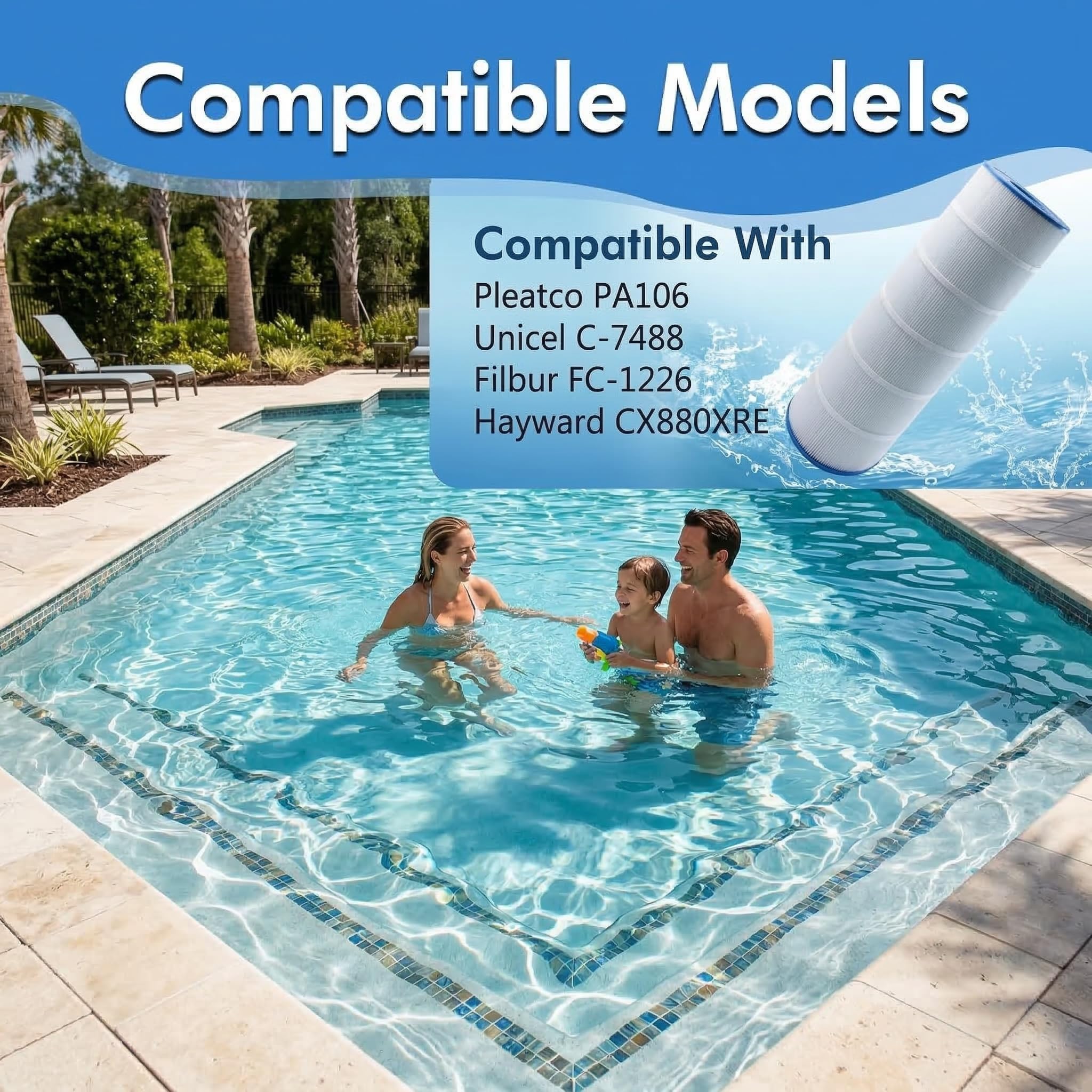 PA106 - Cartucho de filtro de piscina de repuesto para Hayward CX880XRE, Pleatco PA106-PAK4, Unicel C-7488, Filbur FC-1226, Hayward SwimClear C4030 | Paquete de 4 | 424 pies cuadrados | Tela trilobal
