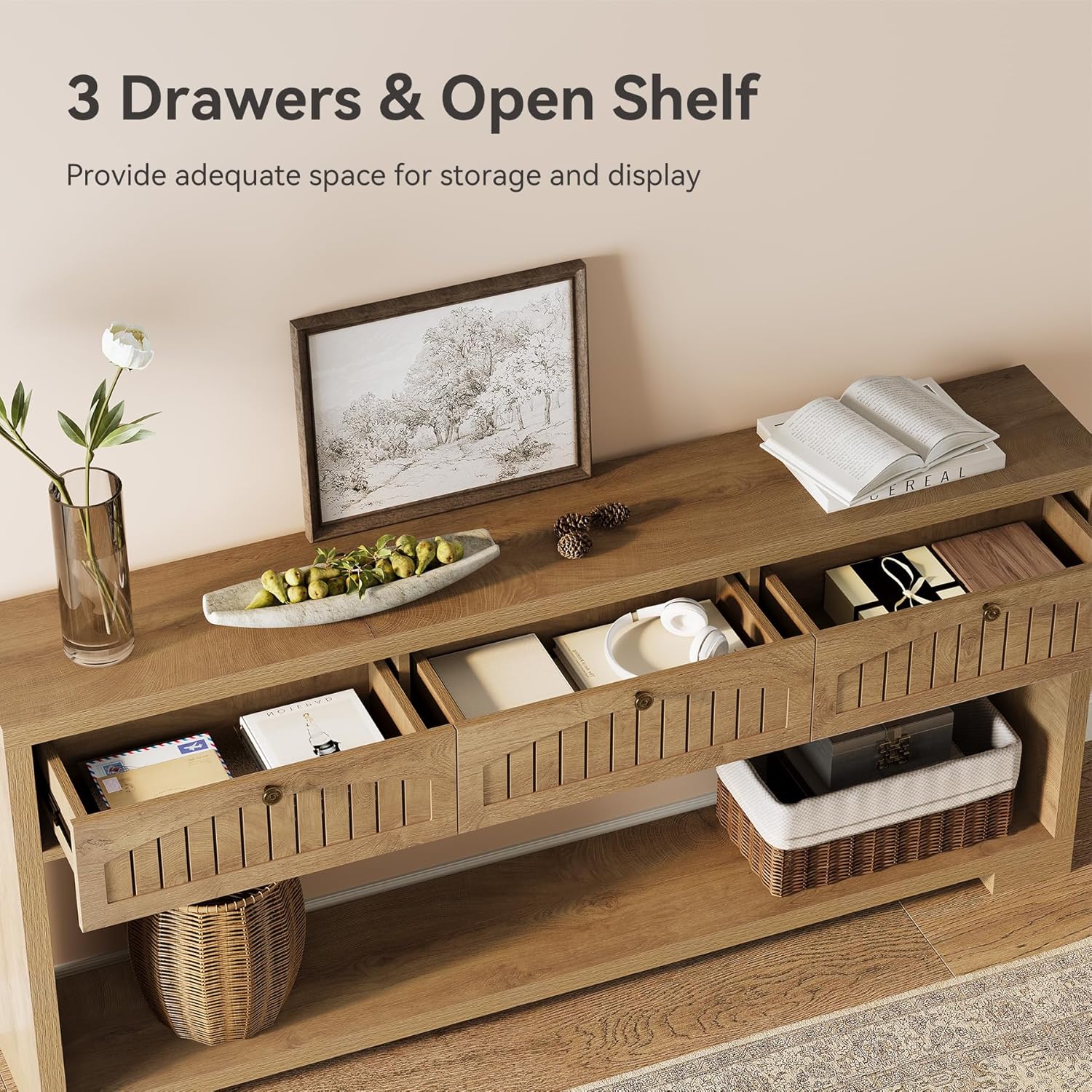 LITTLE TREE 70-Inch Console Table with 3 Drawers, Farmhouse Narrow Long Entryway Table for Behind Couch, Hallway, Sofa, Entry, Entrance, Living Room, Foyer with 2-Tier Open Shelves, Light Brown