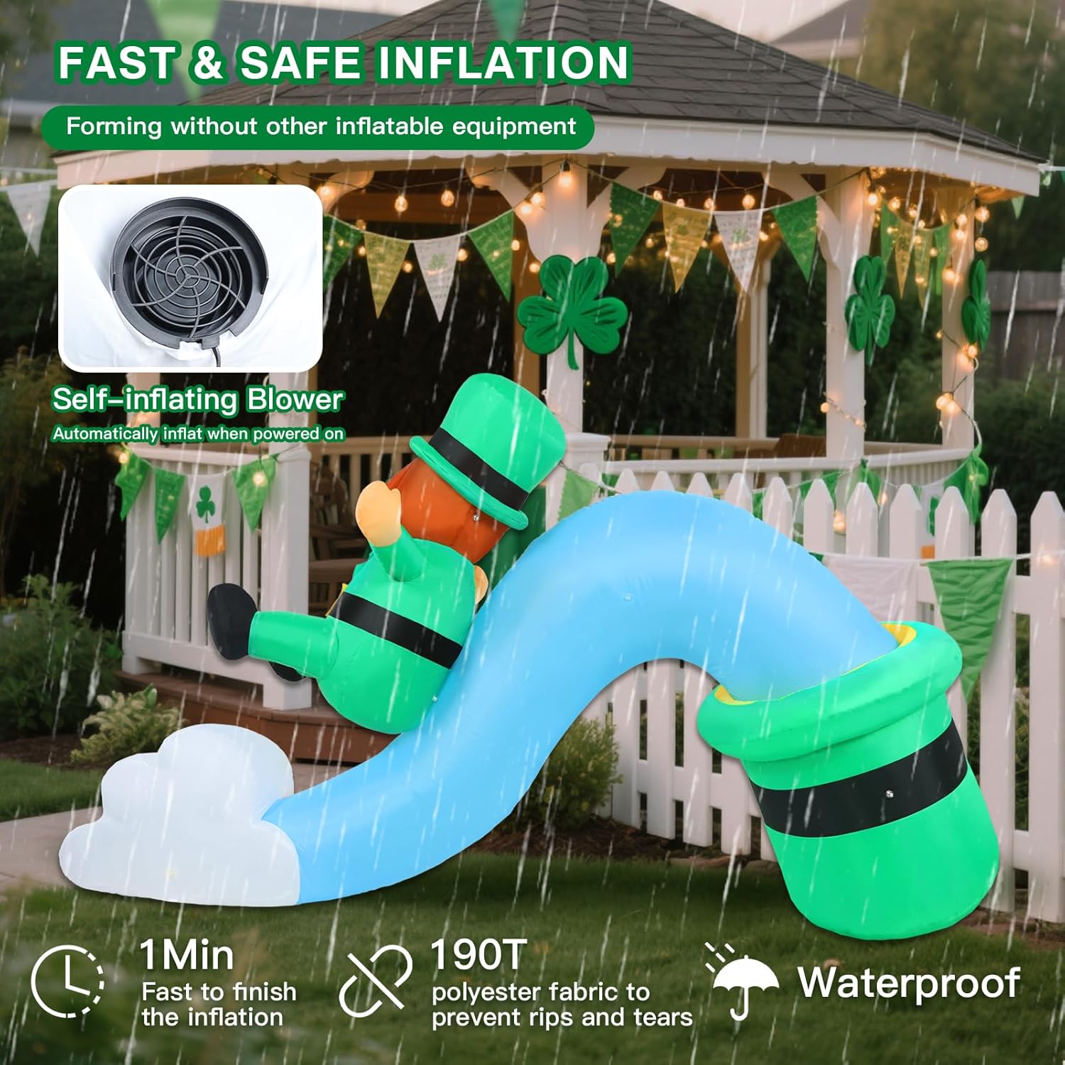 7 FT Long St Patricks Day Inflatable Outdoor Decorations, Blow Up St. Patrick’s Day Leprechaun Sliding Down Rainbow Yard Decor, Built-in LED Lights Patrick Holiday Decoration for Outside Lawn Garden